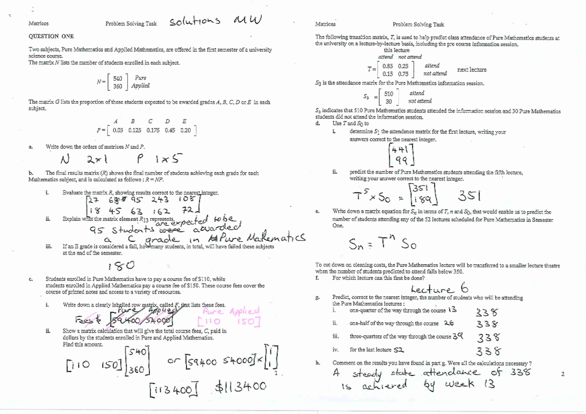Matrices 2024 Practice SAC 1 Solutions - Matrices Problem Solving Task ...