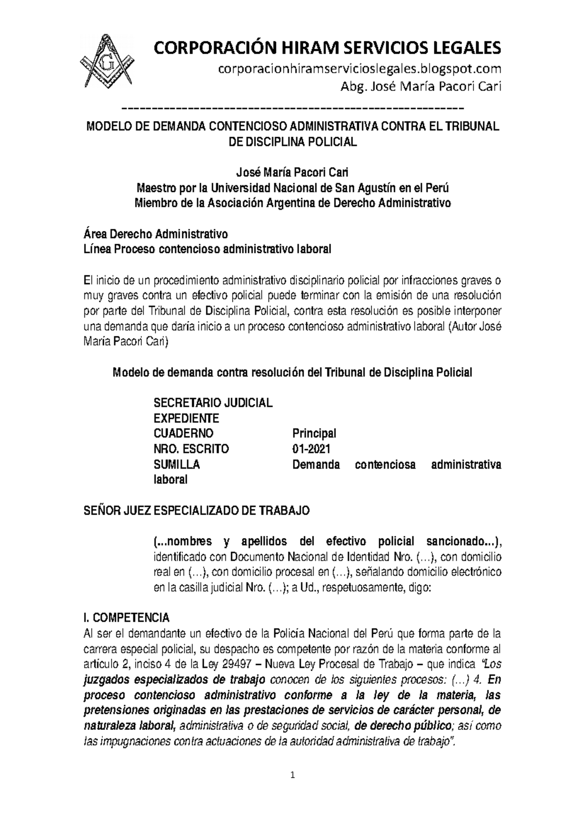 Modelo Demanda Contra EL Tribunal DE Disciplina Policial - Autor JOSÉ María  Pacori CARI - - Studocu