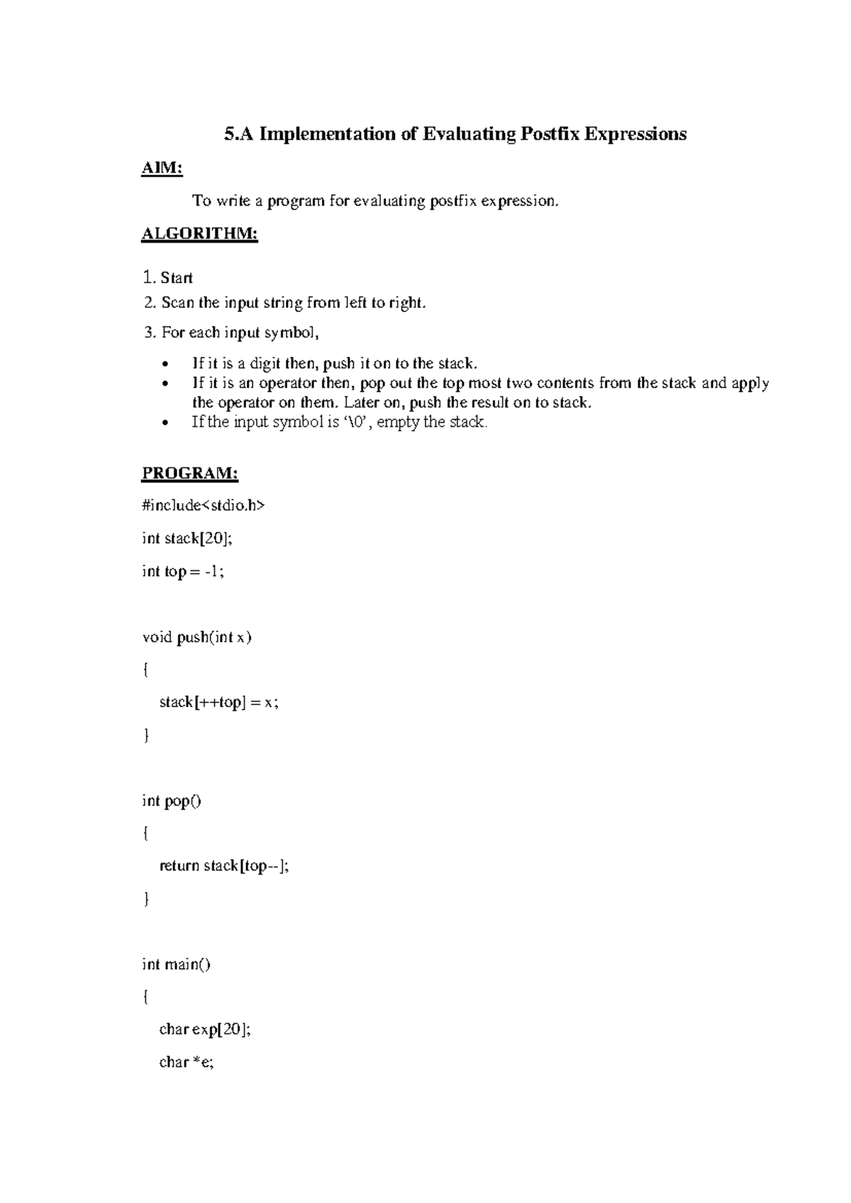 Implementation Of Evaluating Postfix Expression - ALGORITHM: Start 2 ...