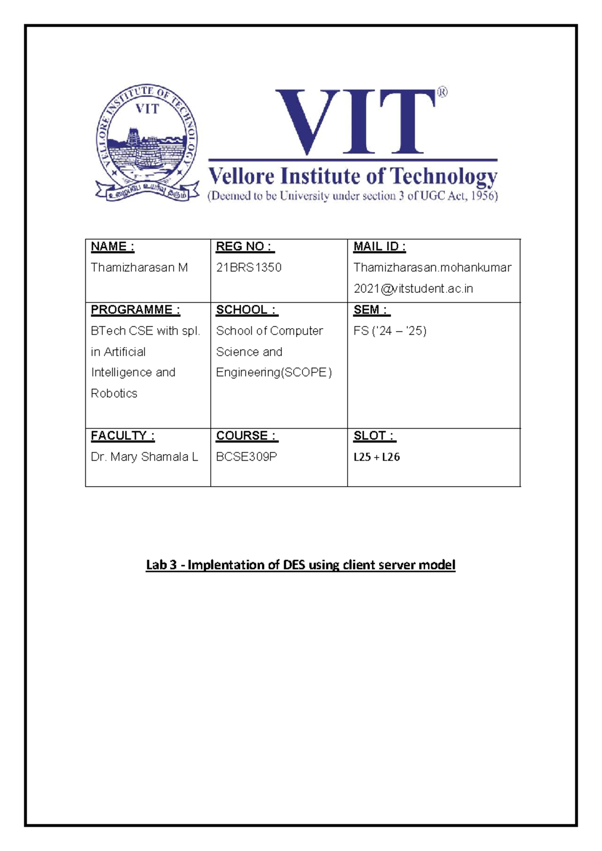 Lab 3 - Implentation of DES using client server model - ac PROGRAMME ...
