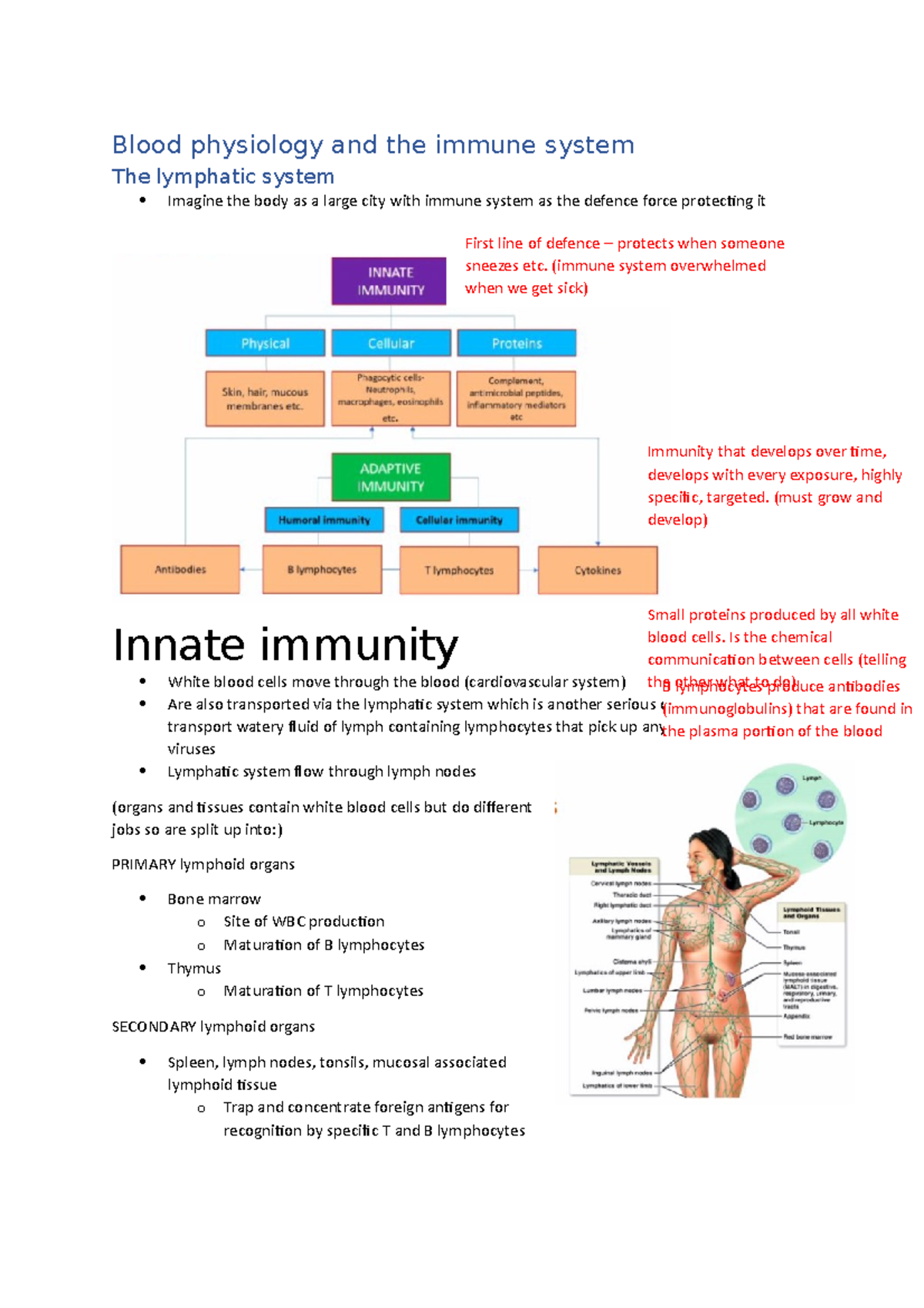 Wk 6 blood and immune - Lecture notes week 6 - Blood physiology and the ...
