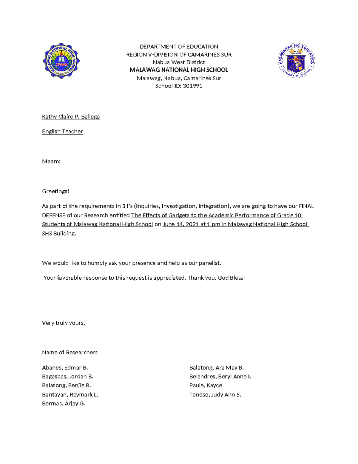 Letter to Panelist SHS - Research related - DEPARTMENT OF EDUCATION ...