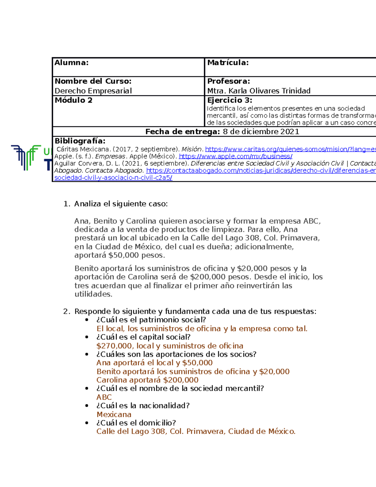 Ejercicio 3 - Derecho empresarial - sep - dic 2021 - Alumna: Matrícula ...