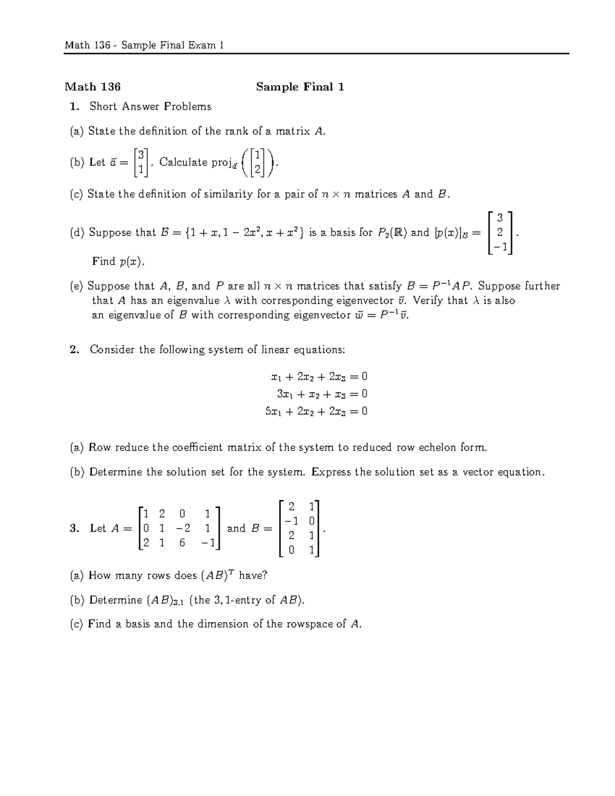 Final exam 1 11 April 2019, questions - Math 136 - Sample Final Exam 1 ...