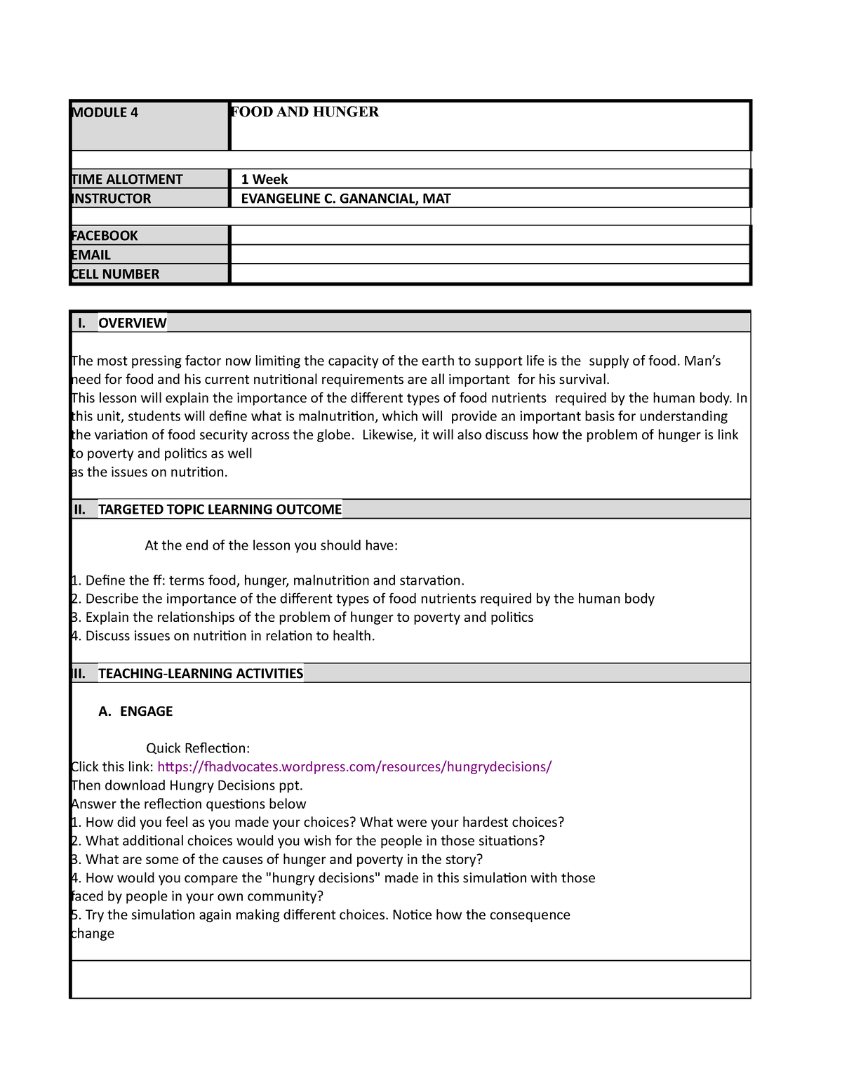 Module-4- Envsci - module - MODULE 4 FOOD AND HUNGER TIME ALLOTMENT 1 ...