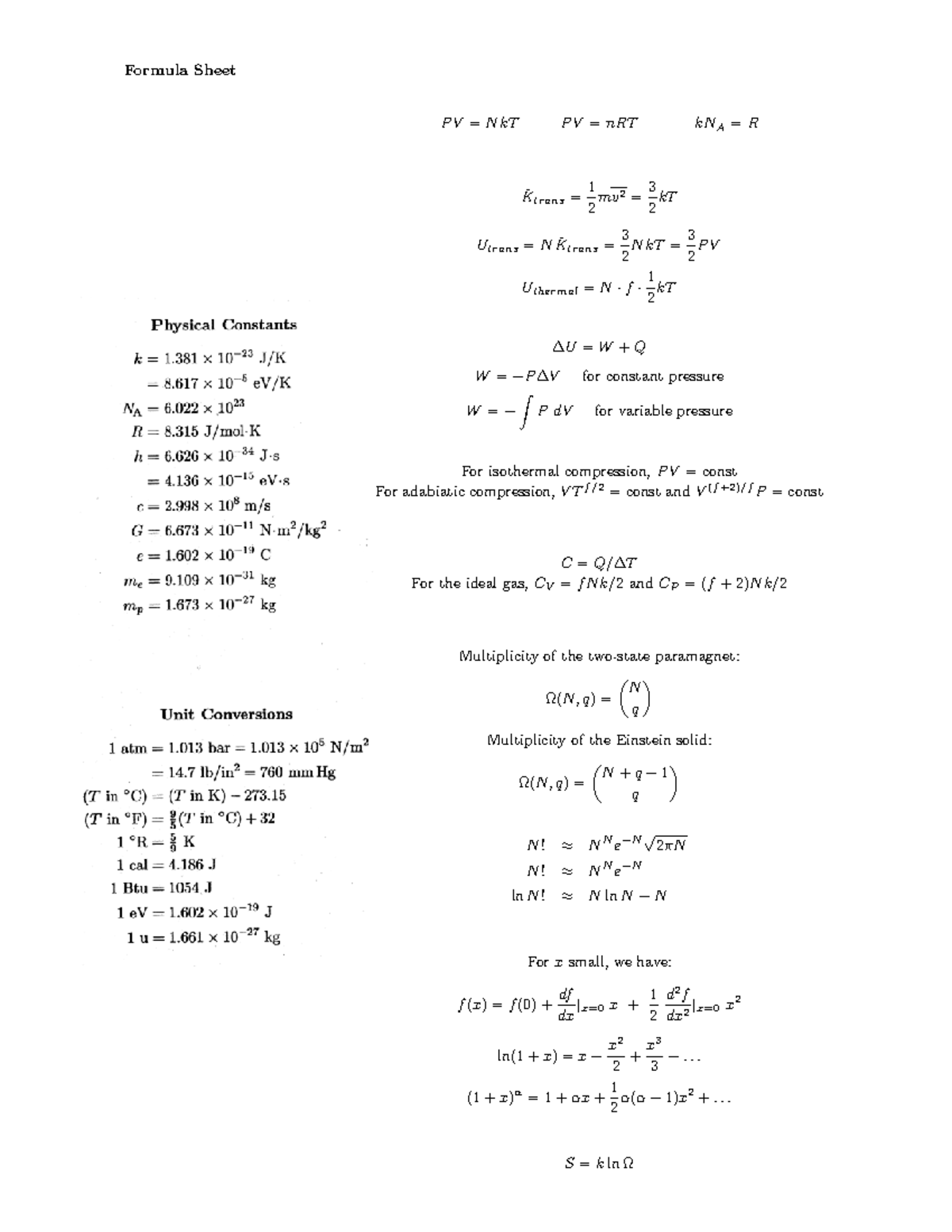 Final-formulas - Summary Thermal Physics - Formula Sheet PV=NkT PV=nRT ...