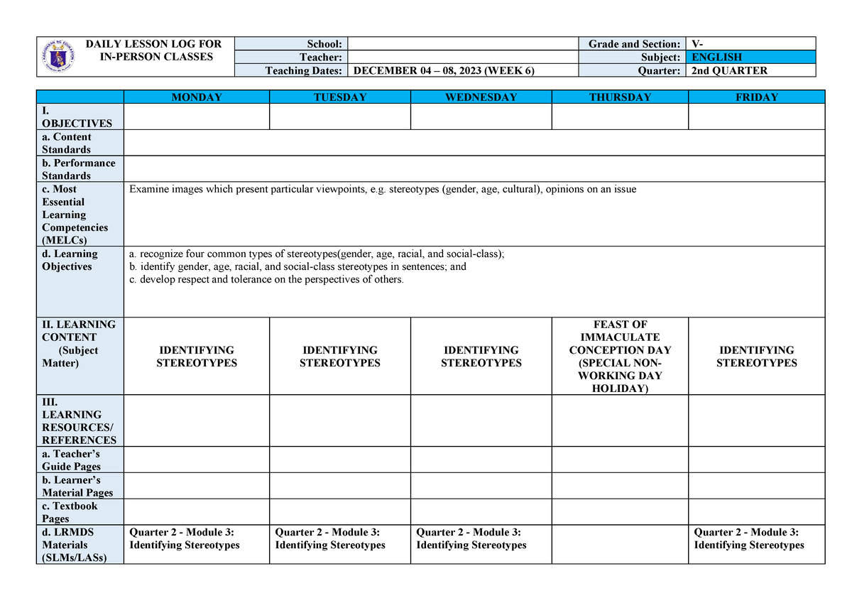 G5 Q2W6 DLL English MELCs - DAILY LESSON LOG FOR IN-PERSON CLASSES ...