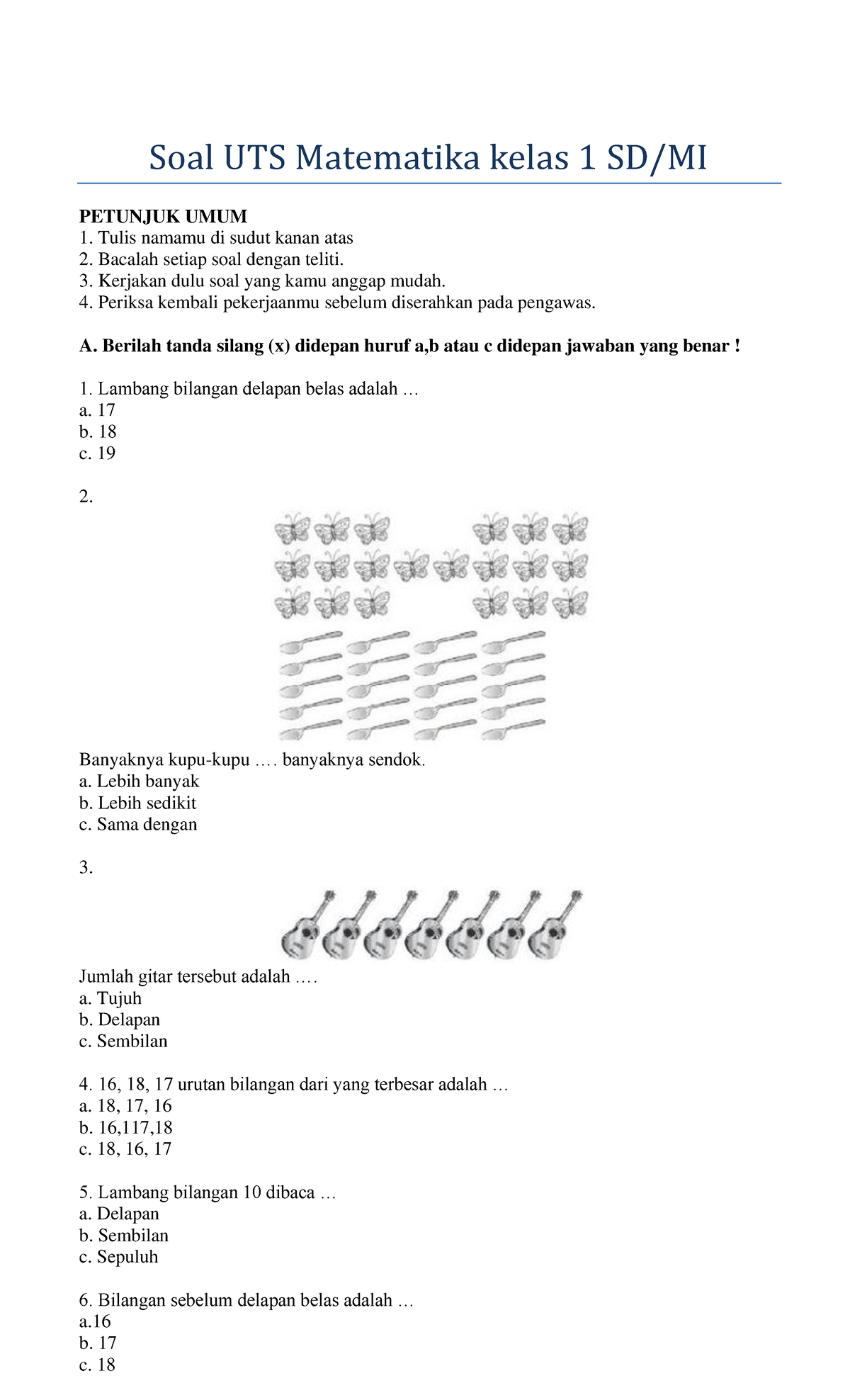 30+ Contoh Soal UTS Matematika Kelas 1 SD MI Dan Kunci Jawaban - Soal ...