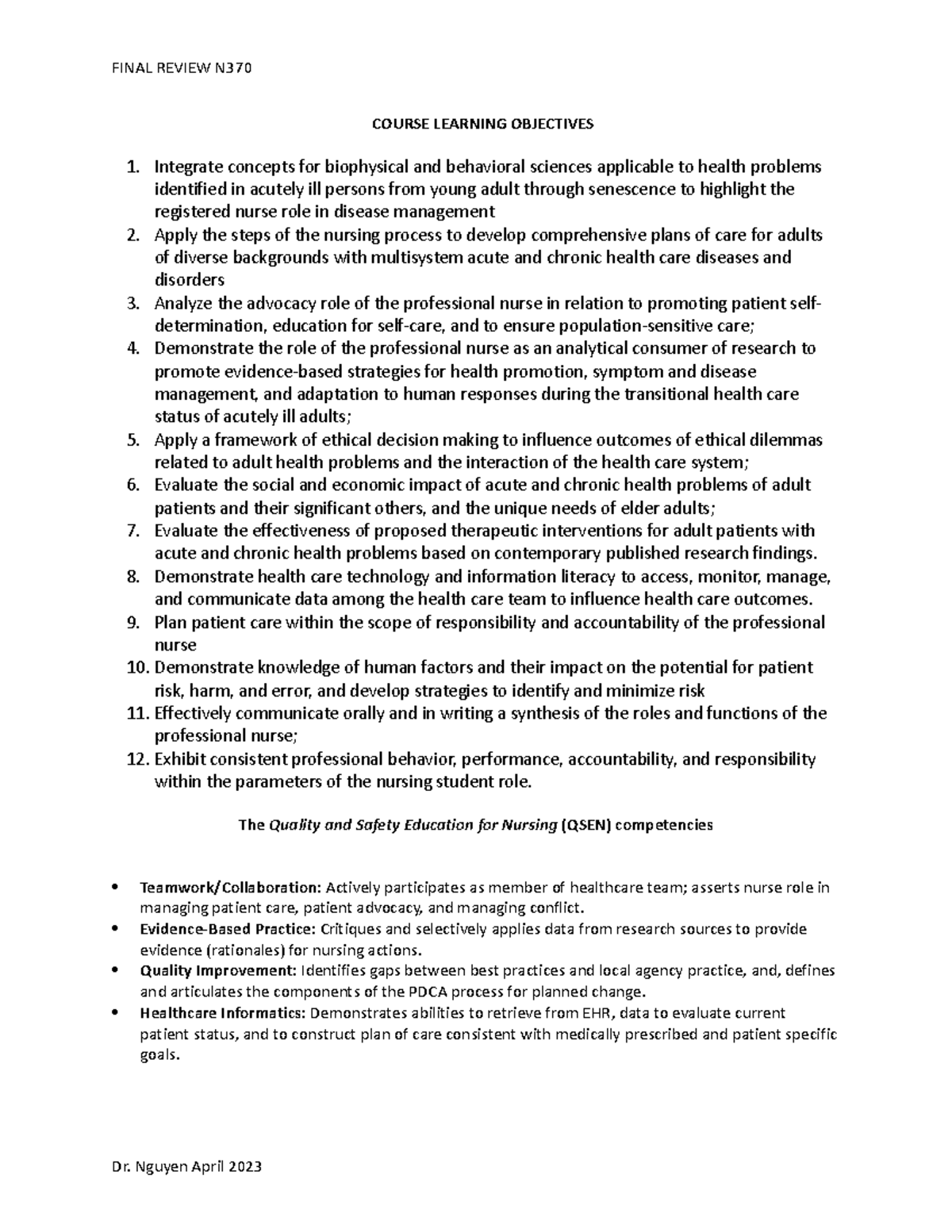 Comprehensive Med Surg N370SP23 Final Learning Points - COURSE LEARNING ...