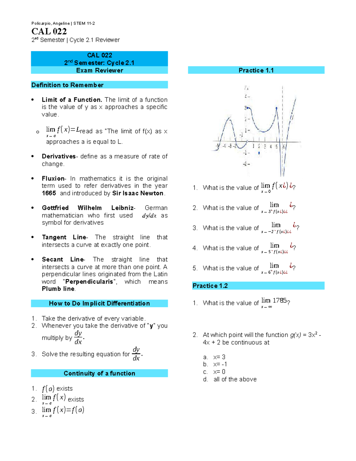 CAL 022- Cycle 2.1 Reviewer - CAL 022 2 nd Semester | Cycle 2 Reviewer ...