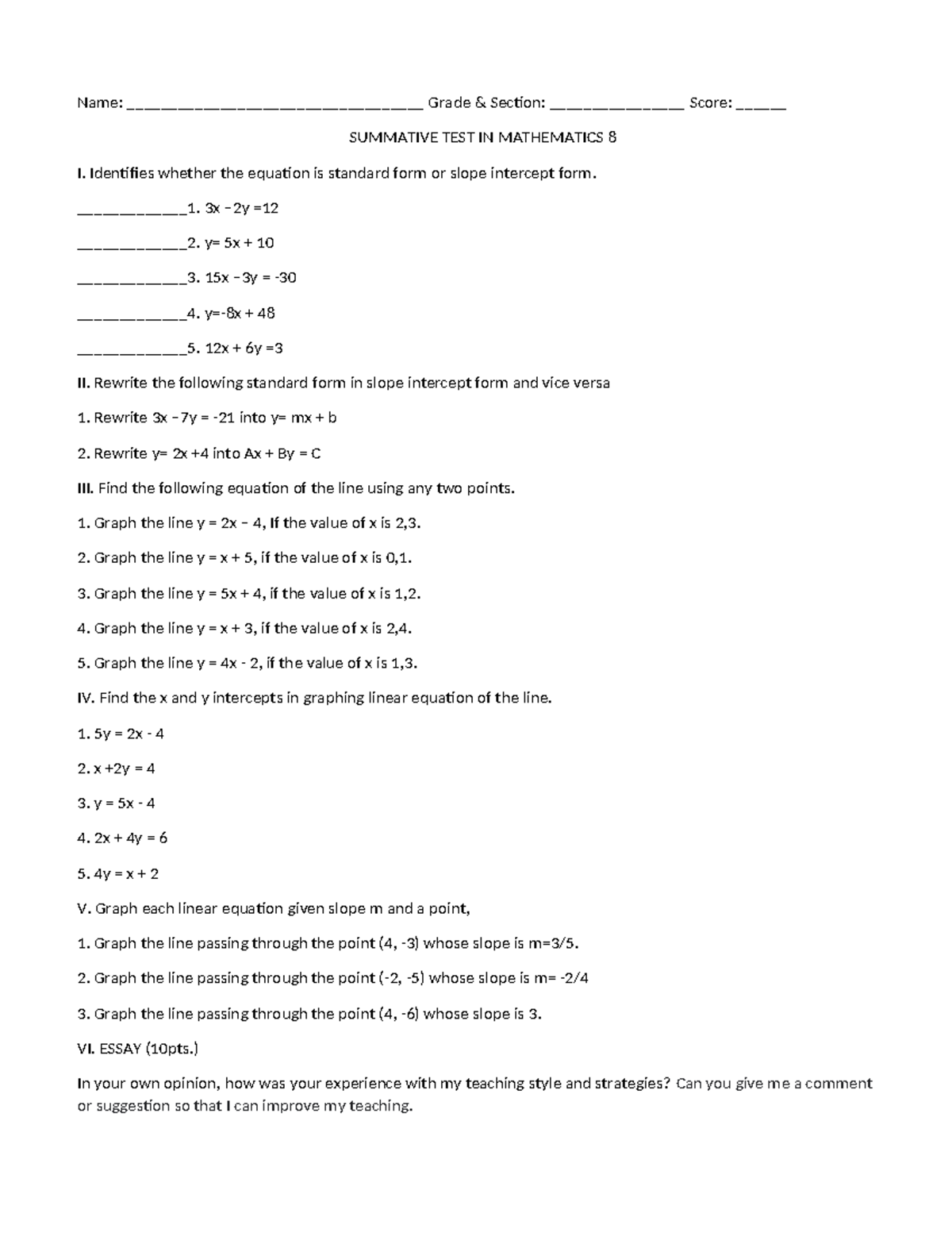 Summative test - Explicit Lesson Plan in Grade 8 - Name