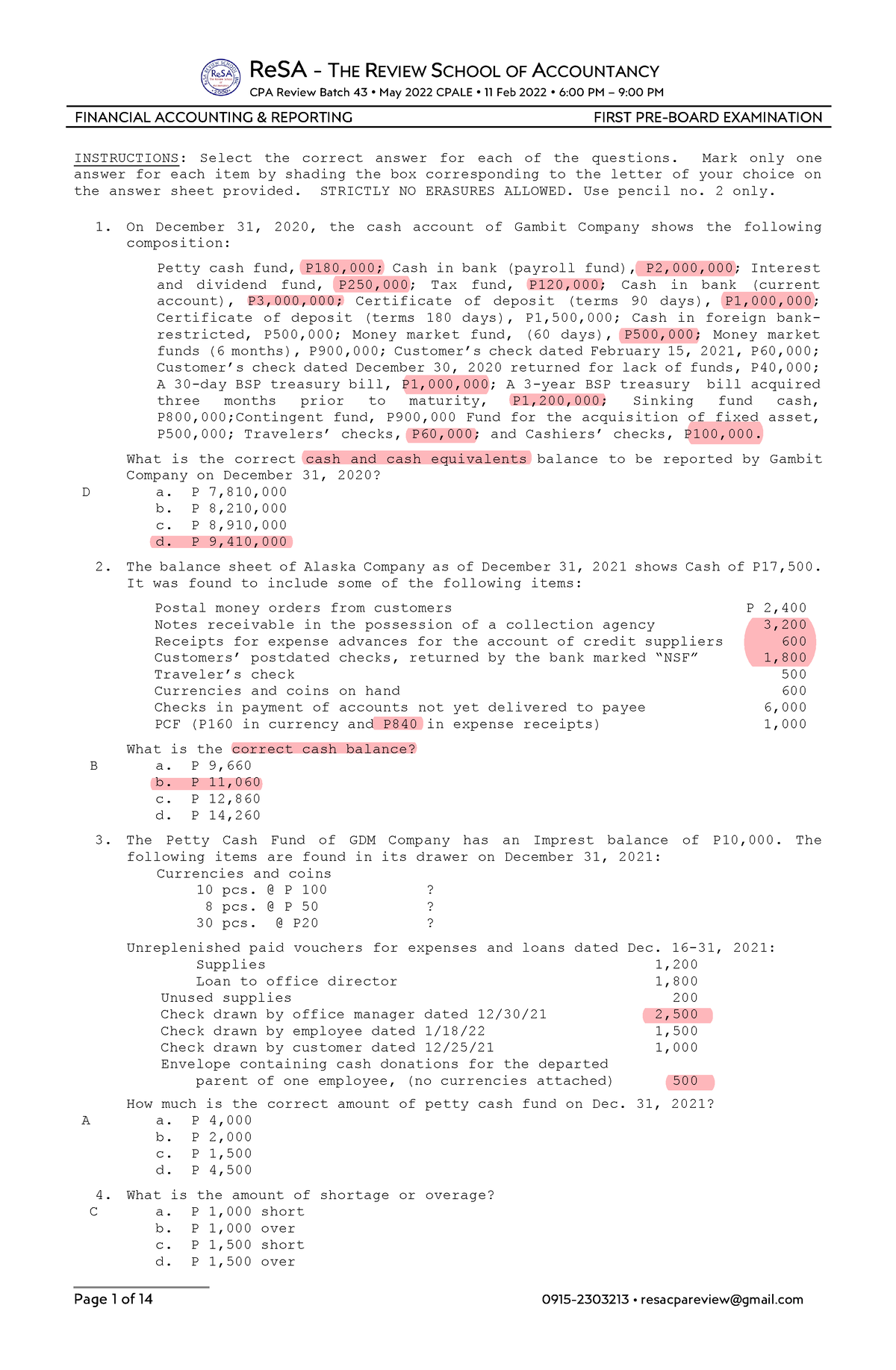 Re SA B43 FAR First PB Exam Questions Answers Solutions - ReSA - THE ...