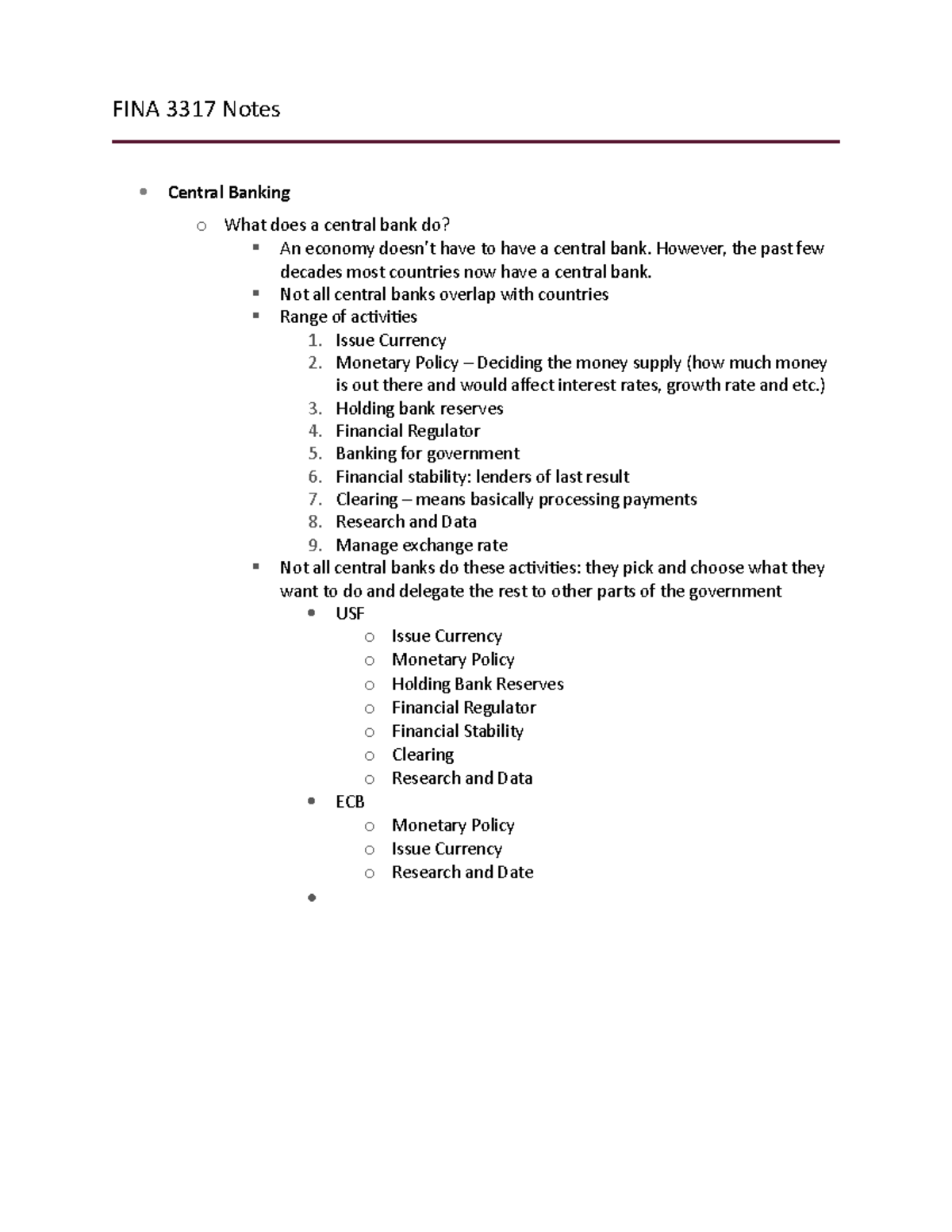 FINA 3317 Notes 11 28 FINA 3317 Notes Central Banking O What Does A 