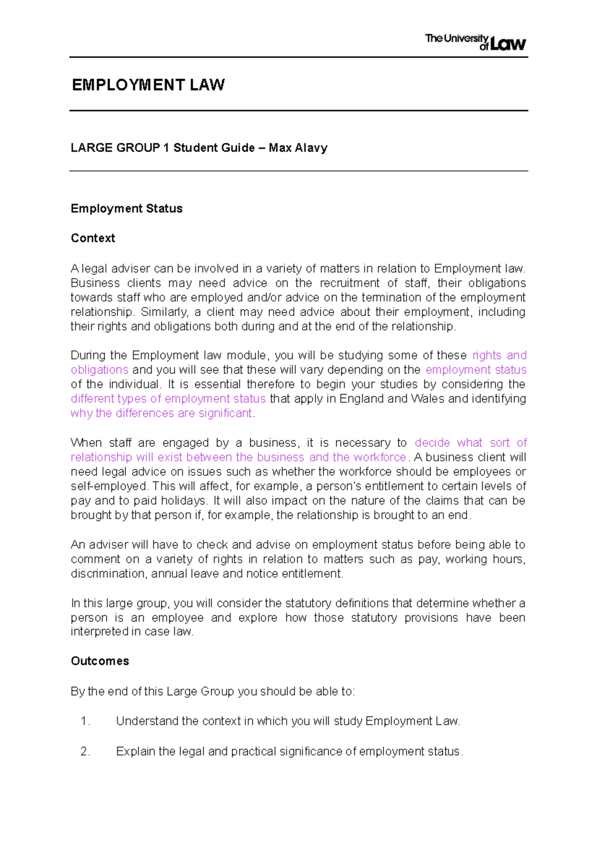 LG 1 - Employment Law Student Guide - EMPLOYMENT LAW LARGE GROUP 1 ...