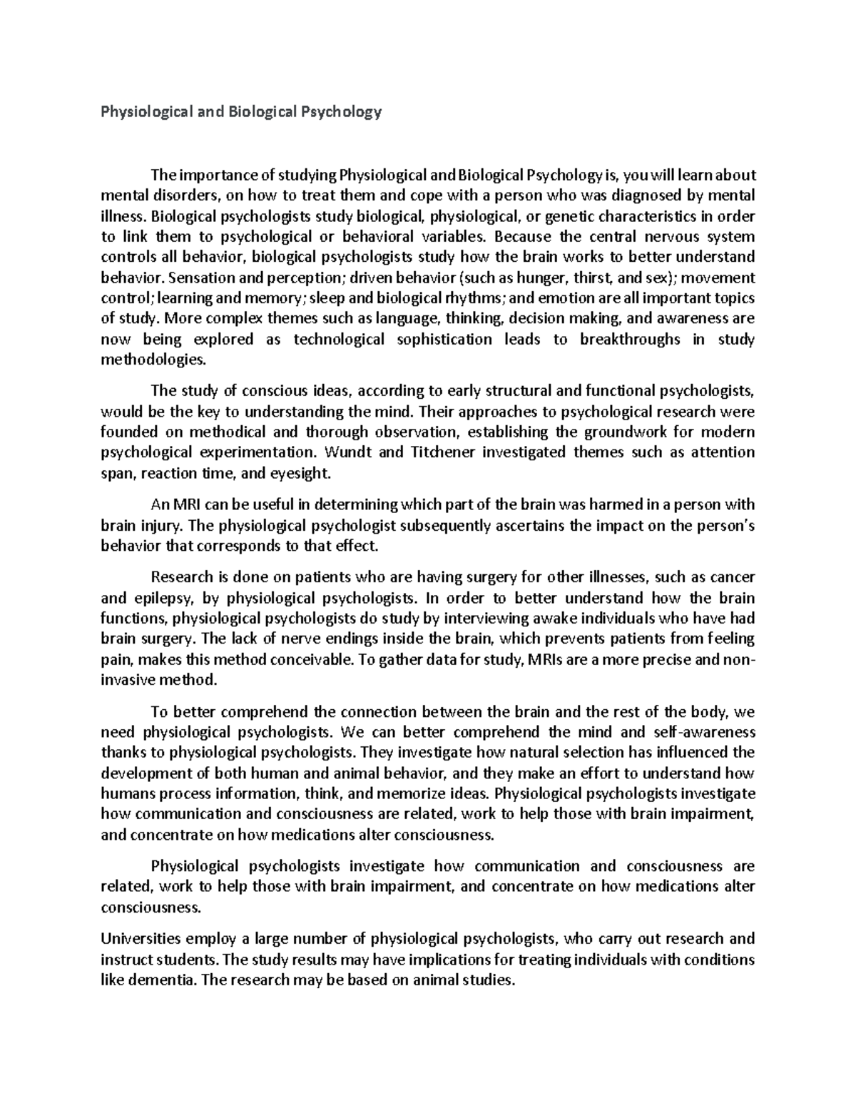 Physiological and biological psychology biological psychologists