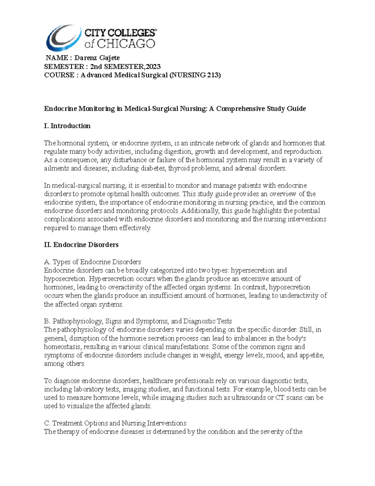 Endocrine Monitoring in Medical - SEMESTER : 2nd SEMESTER, COURSE ...