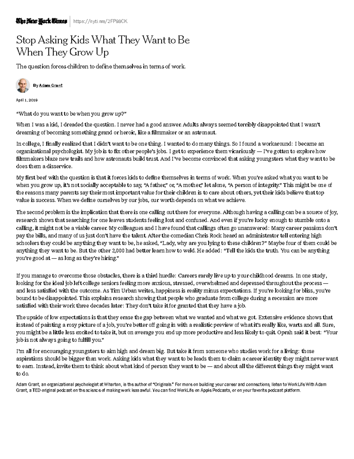 Stop Asking Kids What They Want To Be When They Grow Up The New York Times Studocu