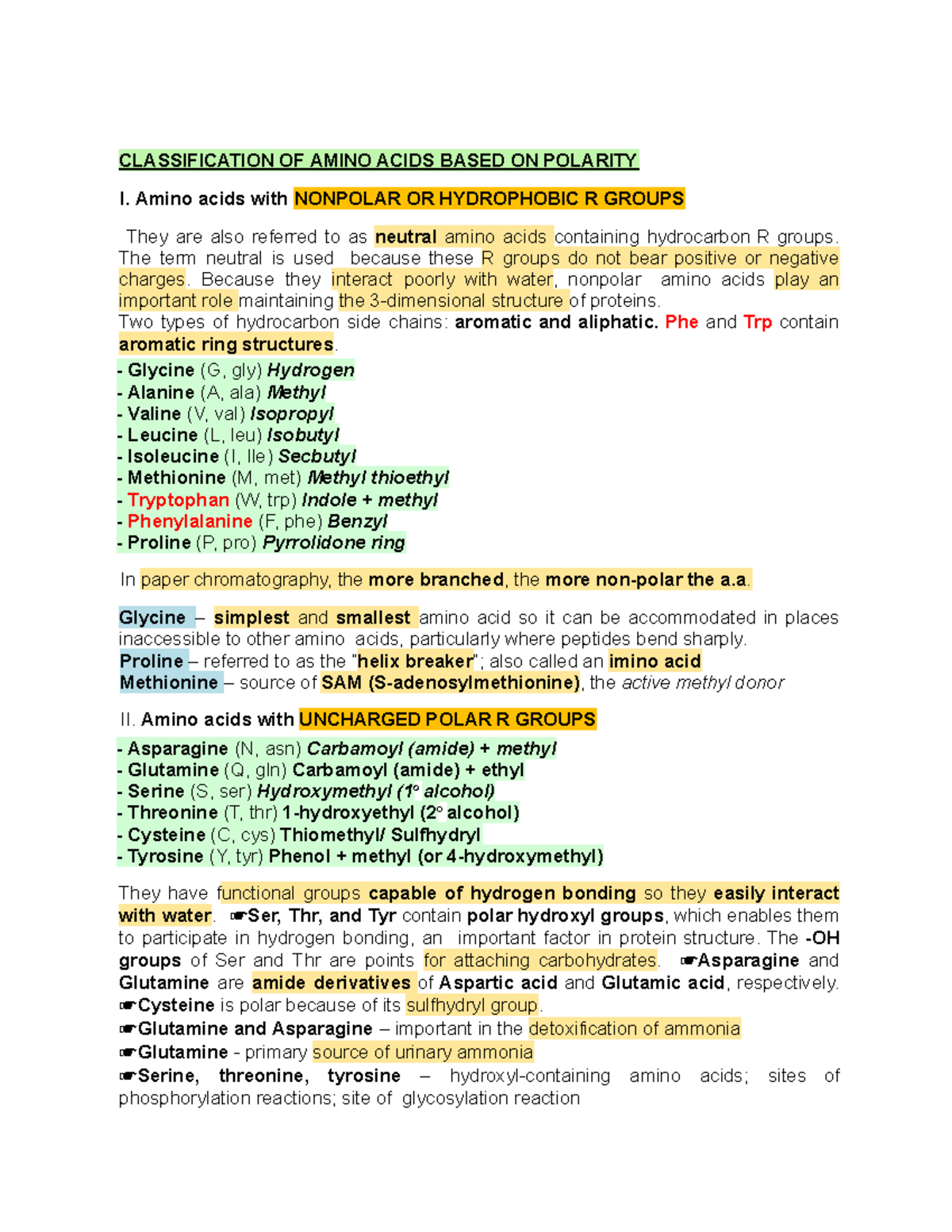 Classification OF Amino Acids Based ON Polarity CLASSIFICATION OF