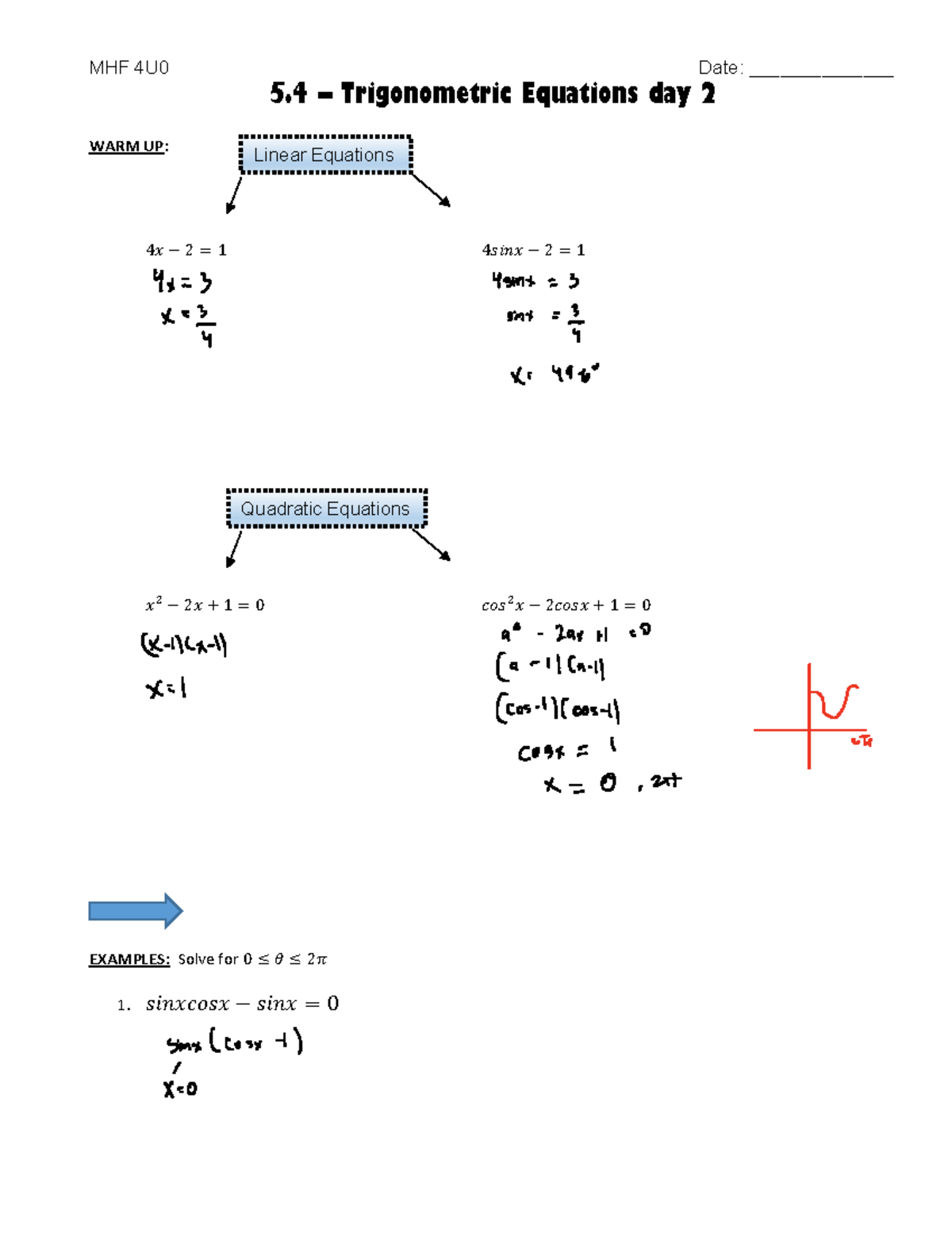 5.4 Equation Lesson 2 - 5 – Trigonometric Equations day 2 WARM UP: Ͷ ݔെ ...