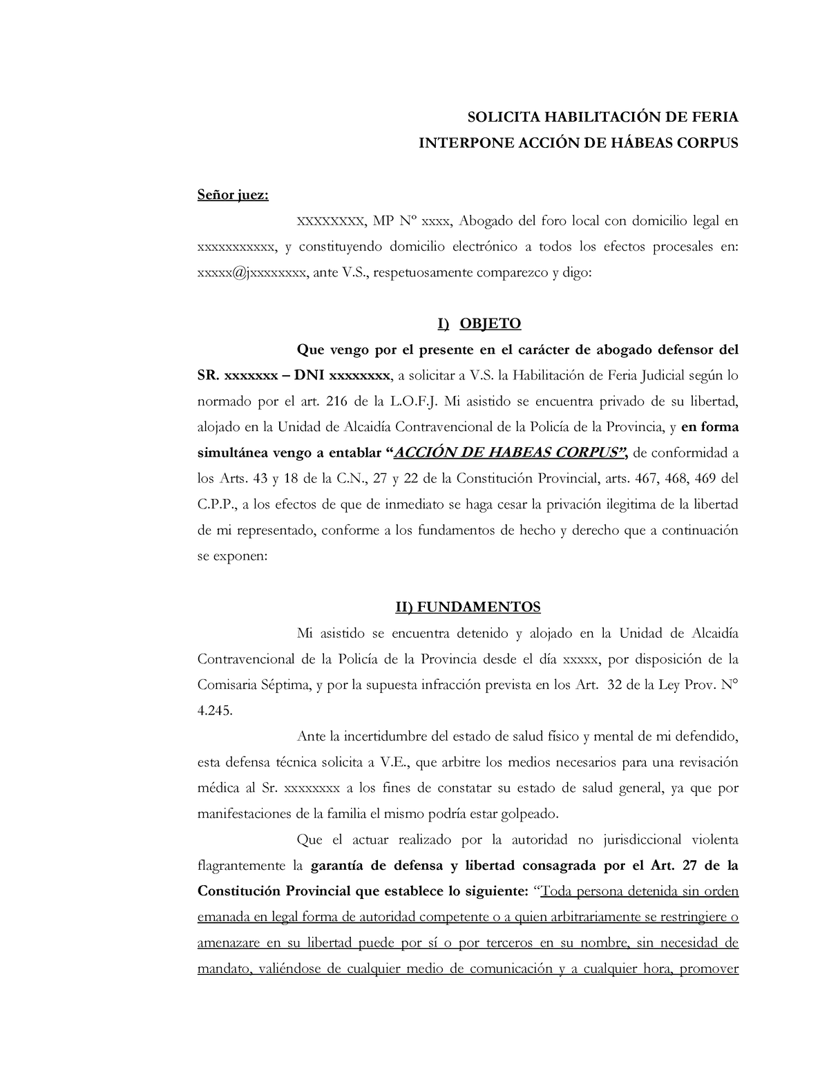 Acción de Habeas Corpus - SOLICITA HABILITACIÓN DE FERIA INTERPONE ...