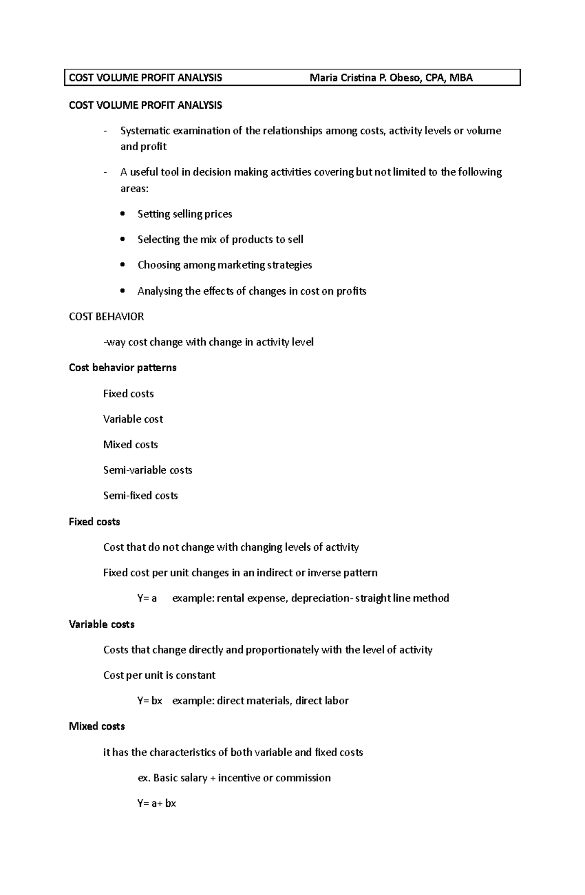 Cost volume profit analysis - COST VOLUME PROFIT ANALYSIS Maria ...