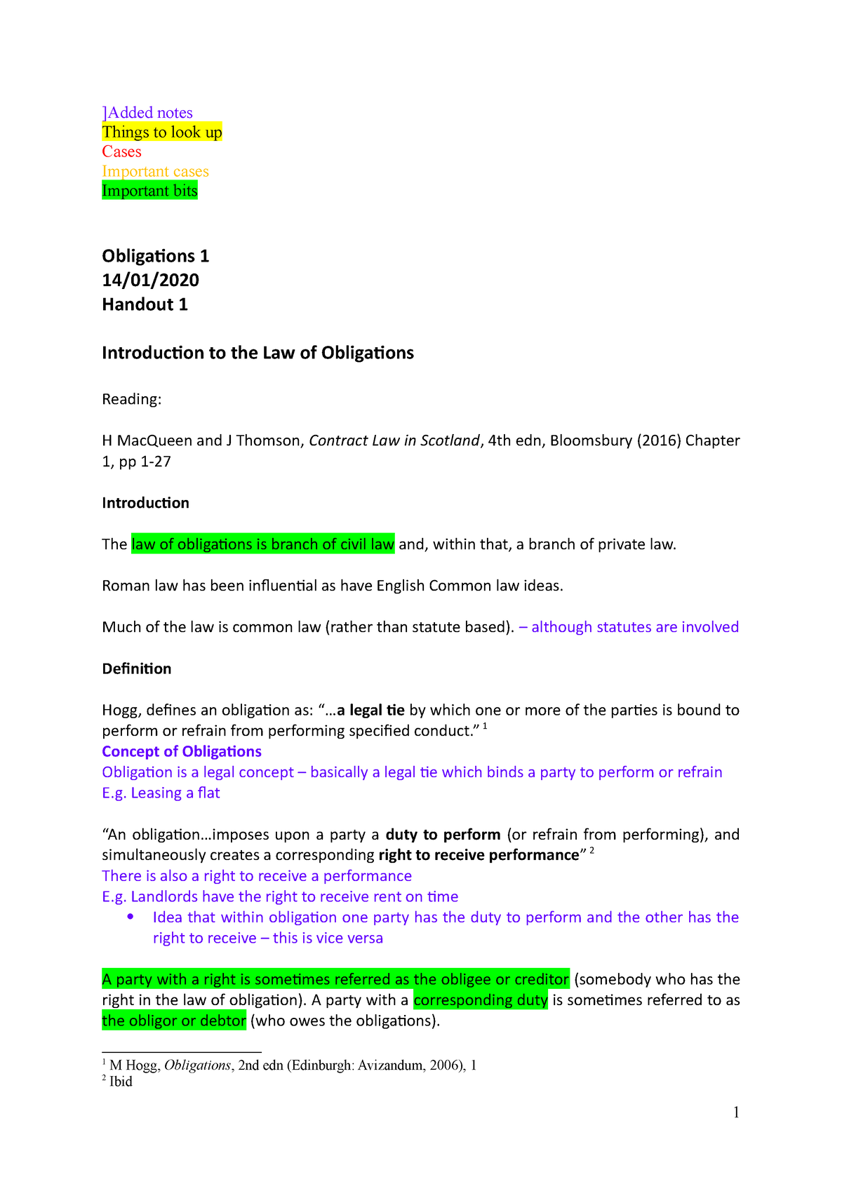 Handout 1 (Intro to Obligations) ]Added notes Things to look up Cases