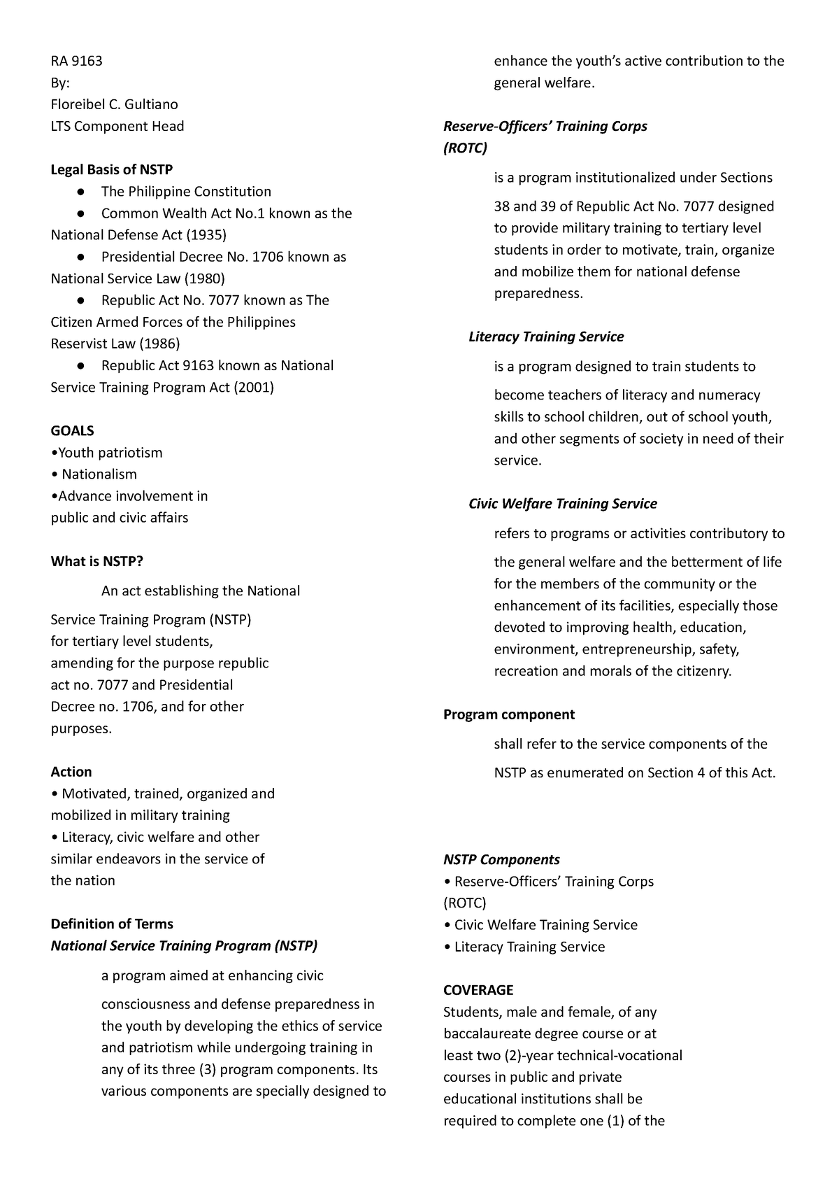 NSTP HAND-OUTS - Bahajaj - RA 9163 By: Floreibel C. Gultiano LTS ...