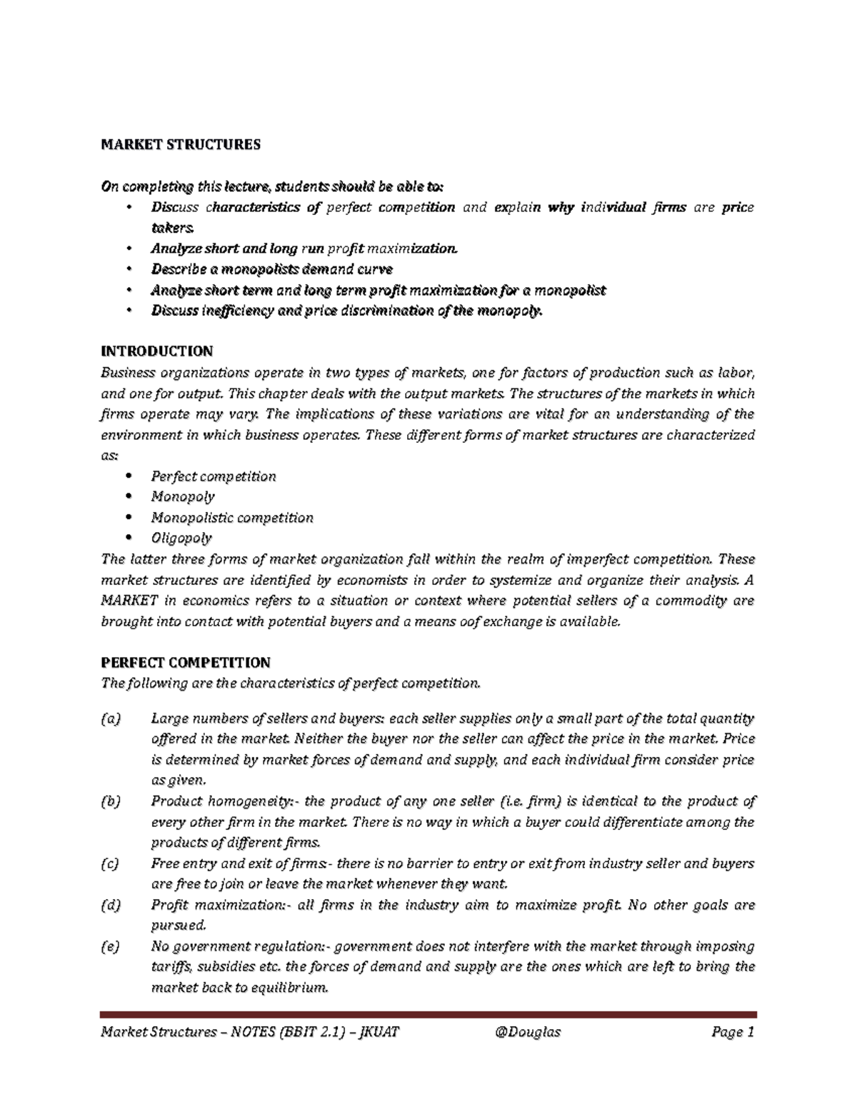 Market Structures - Notes - MARKET STRUCTURESMARKET STRUCTURES On ...