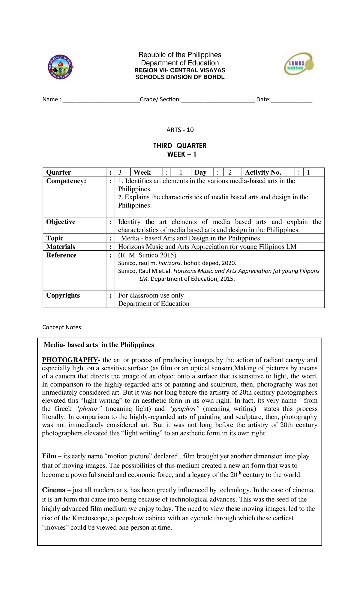 Arts10 Q3 Las Wk1 None Republic Of The Philippines Department Of Education Region Vii 5633