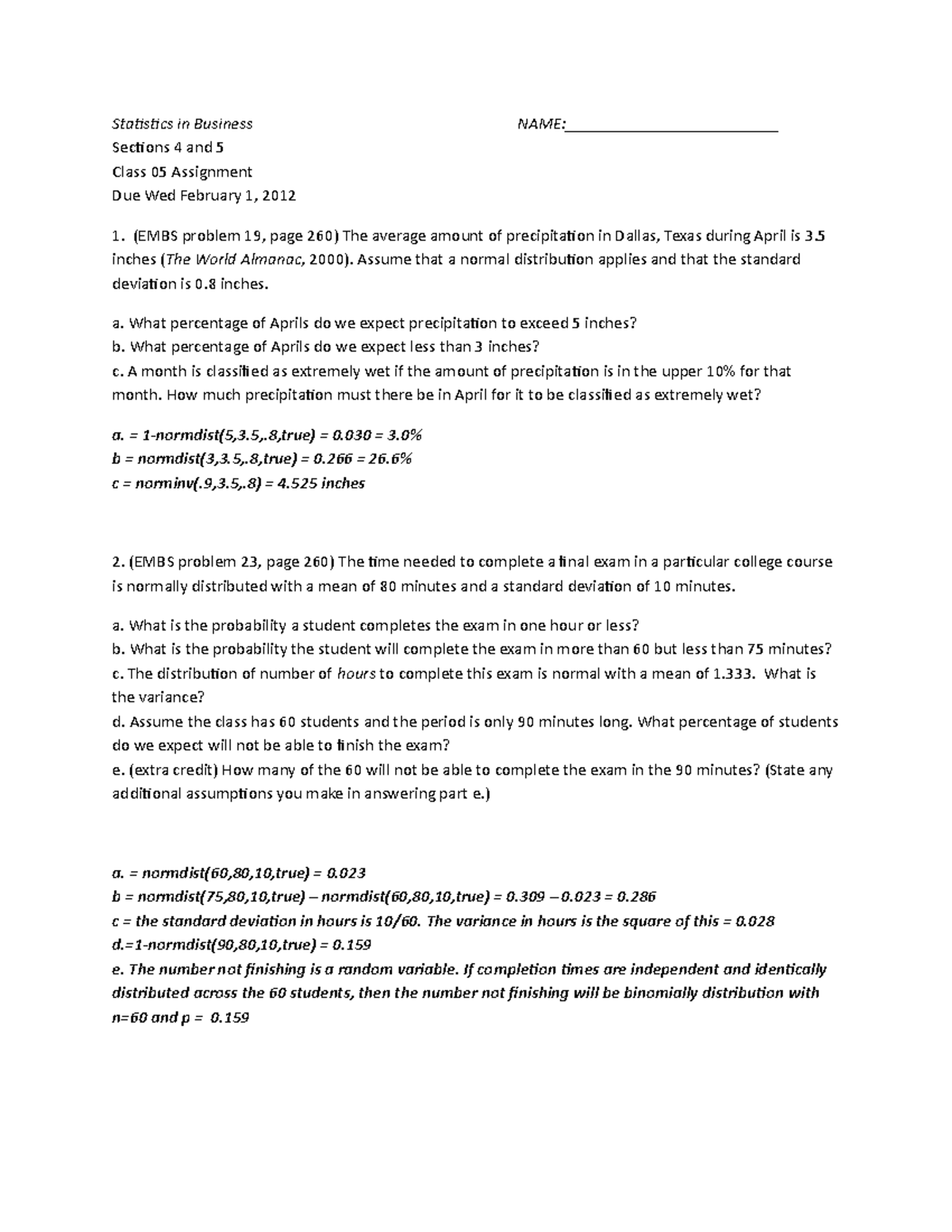 Class 05 Assignment with Answers - Statistics in Business NAME ...