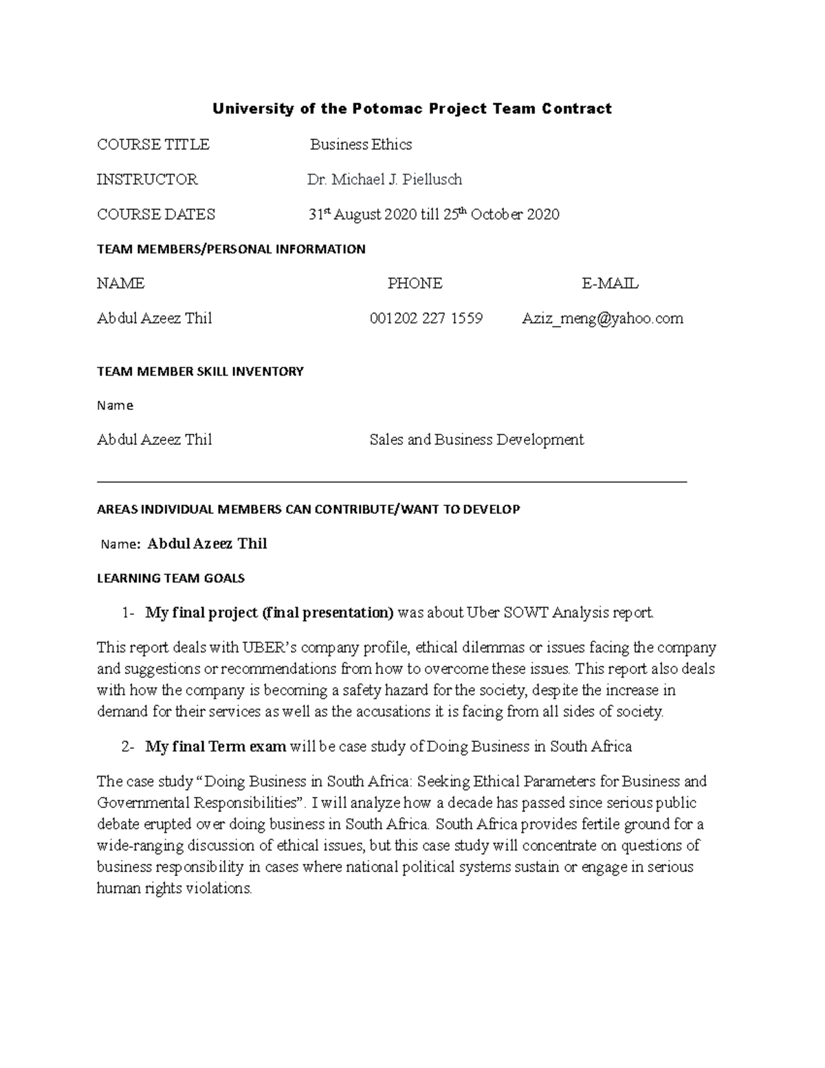 UOTP Project Team Contract- (1) - University of the Potomac Project ...
