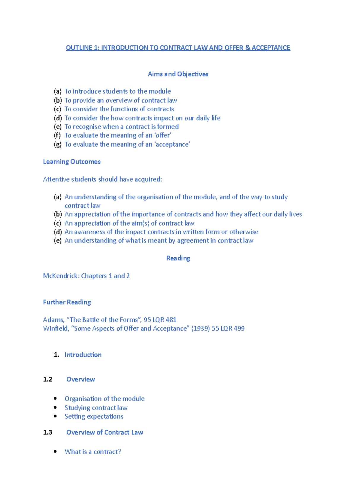 1- Introduction and Offer and Acceptance - OUTLINE 1: INTRODUCTION TO ...