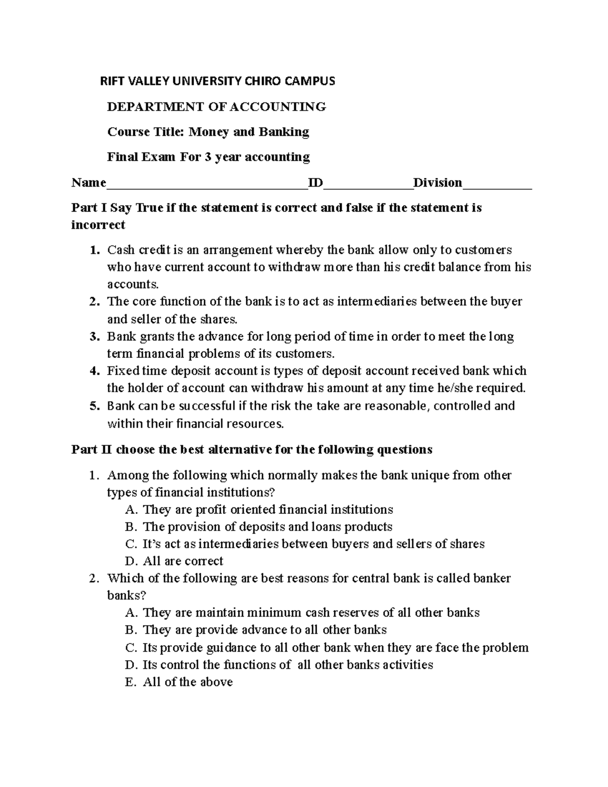 3 year mid exam money and banking Accounting RVU Studocu