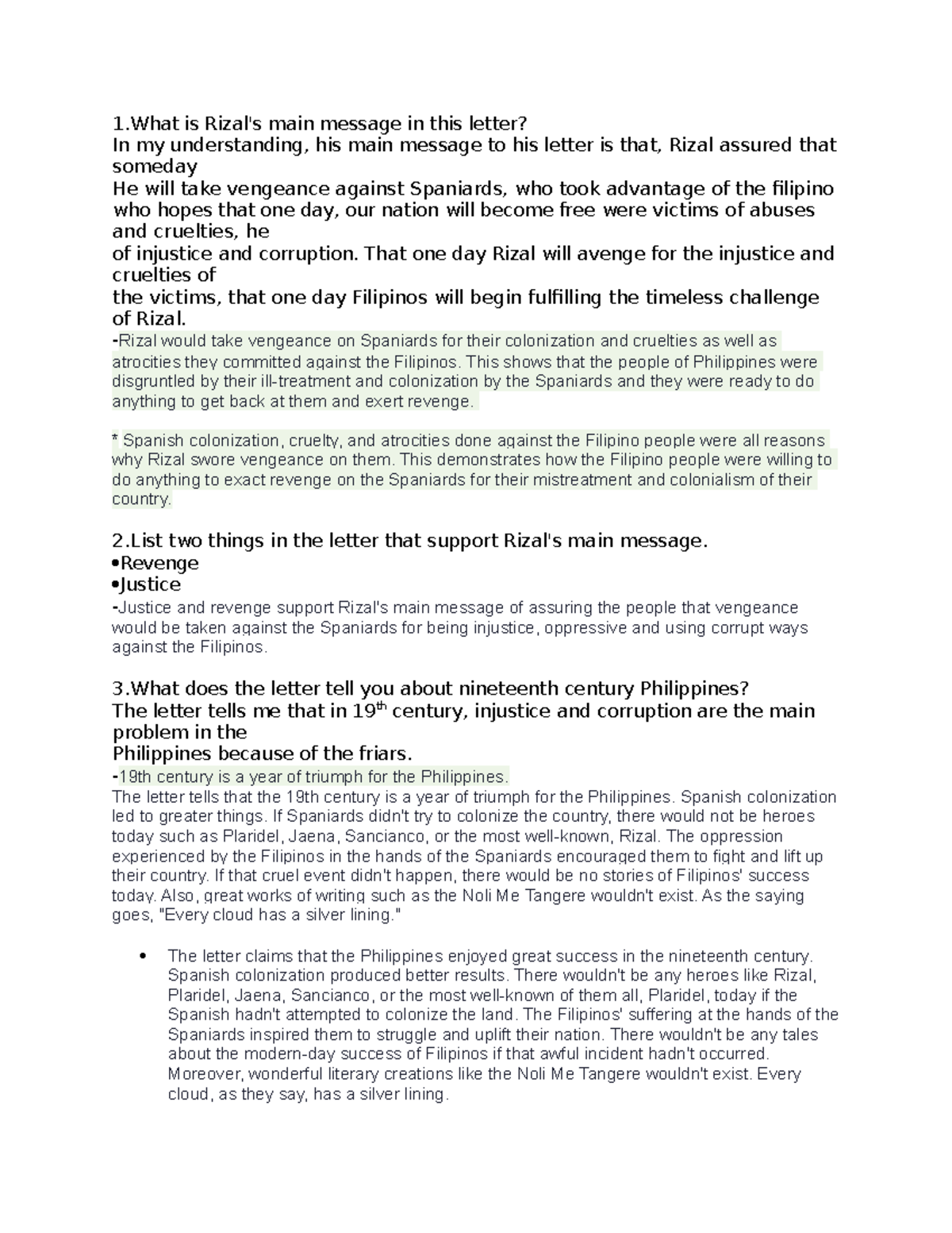 Rizal Chapter 7 - NO INFORMATION - 1 is Rizal's main message in this ...
