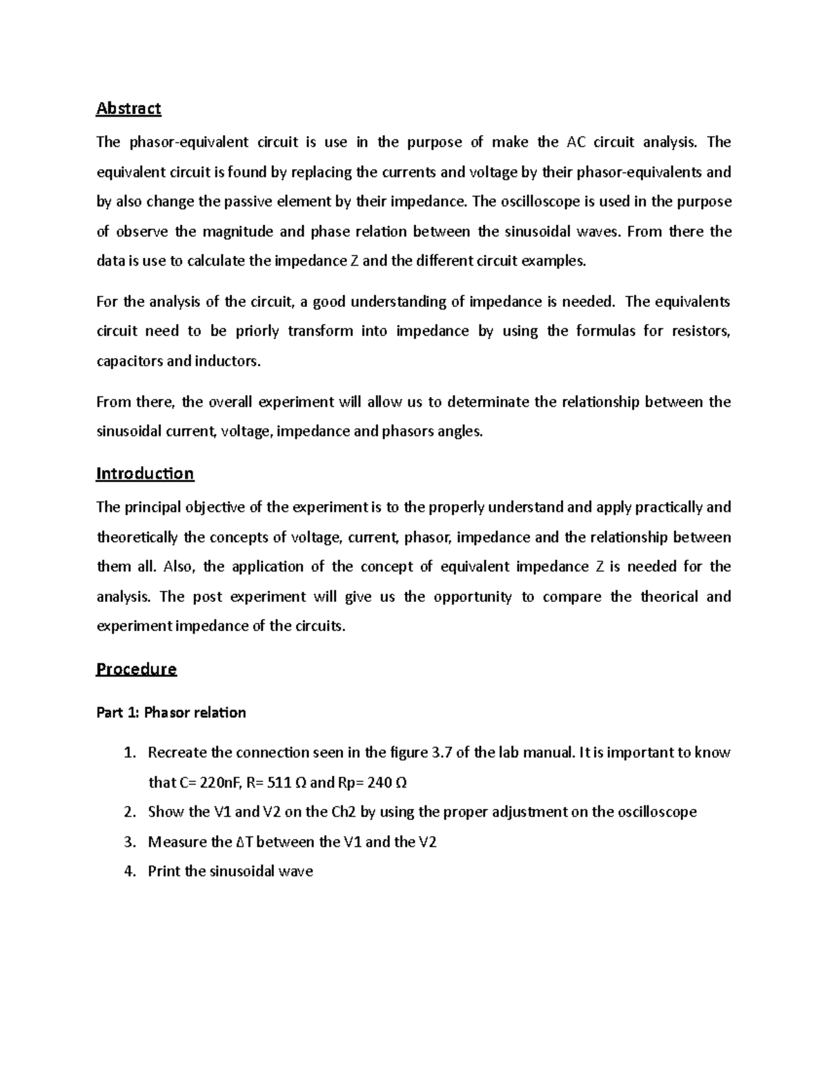 Lab 3 - Lab 3 - Abstract The phasor-equivalent circuit is use in the ...