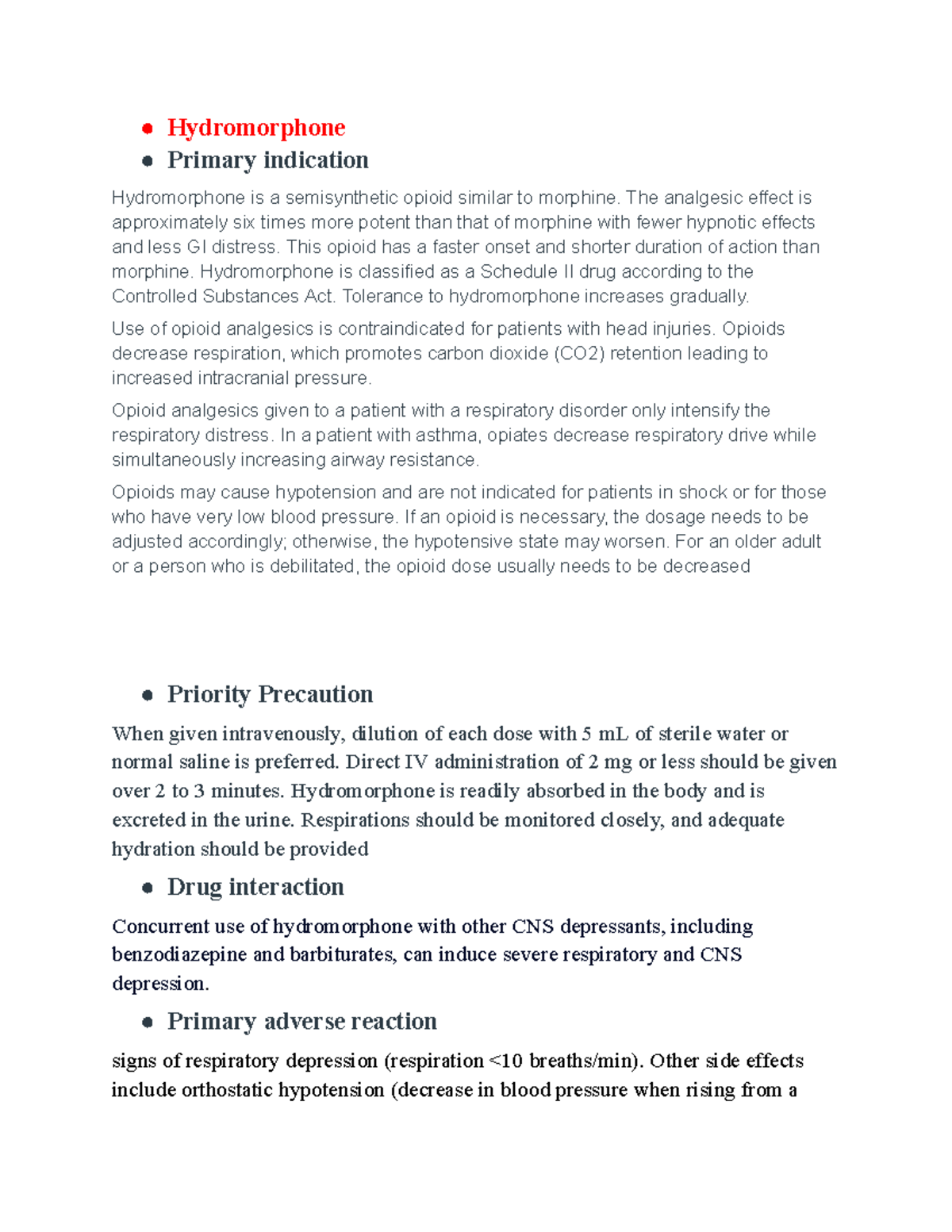 Med card 5 ( pain) - Summary Medsurg - Hydromorphone Primary indication ...