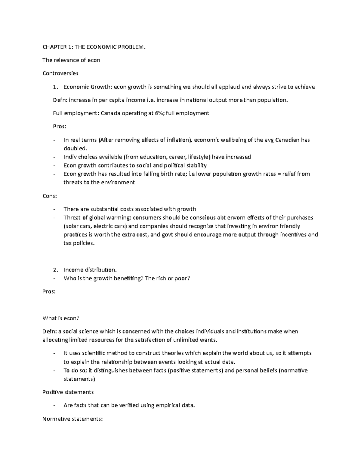 Chapter 1 - Lecture notes 1 - CHAPTER 1: THE ECONOMIC PROBLEM. The ...
