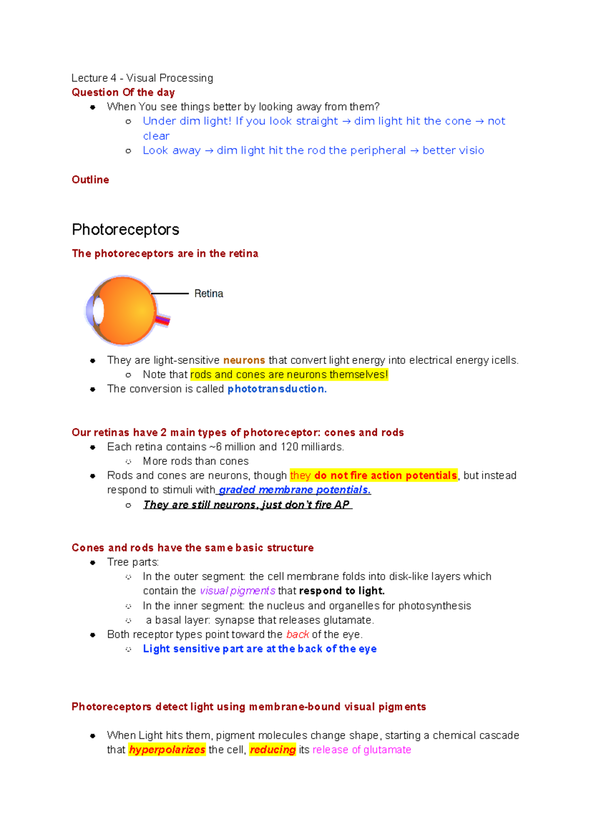 PSL300 UTSG Part4 Sensory Lecture 4 - Visual Processing - Lecture 4 ...