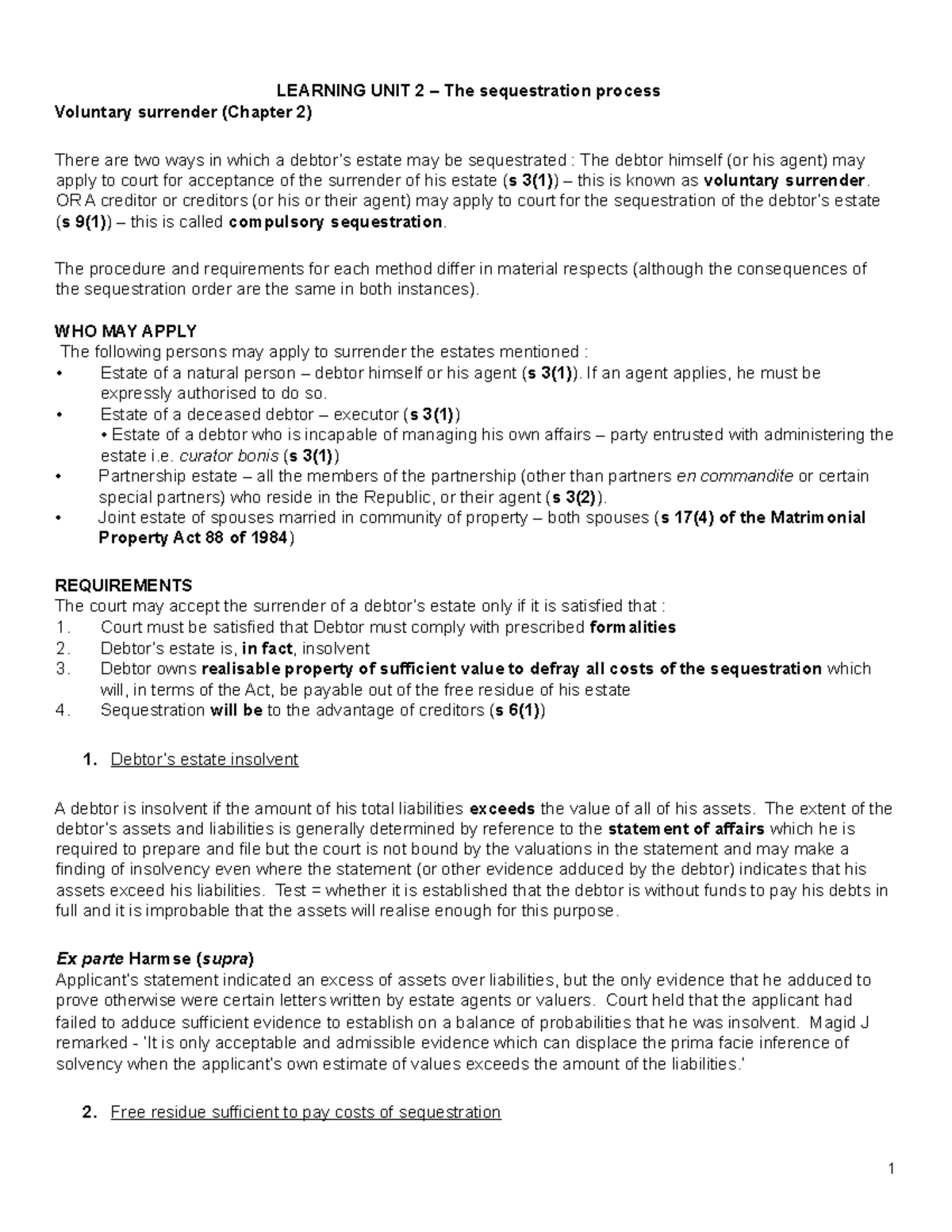 LILL 4824 - Learning unit 2 summ - Hockly’s Insolvency Law - LEARNING ...