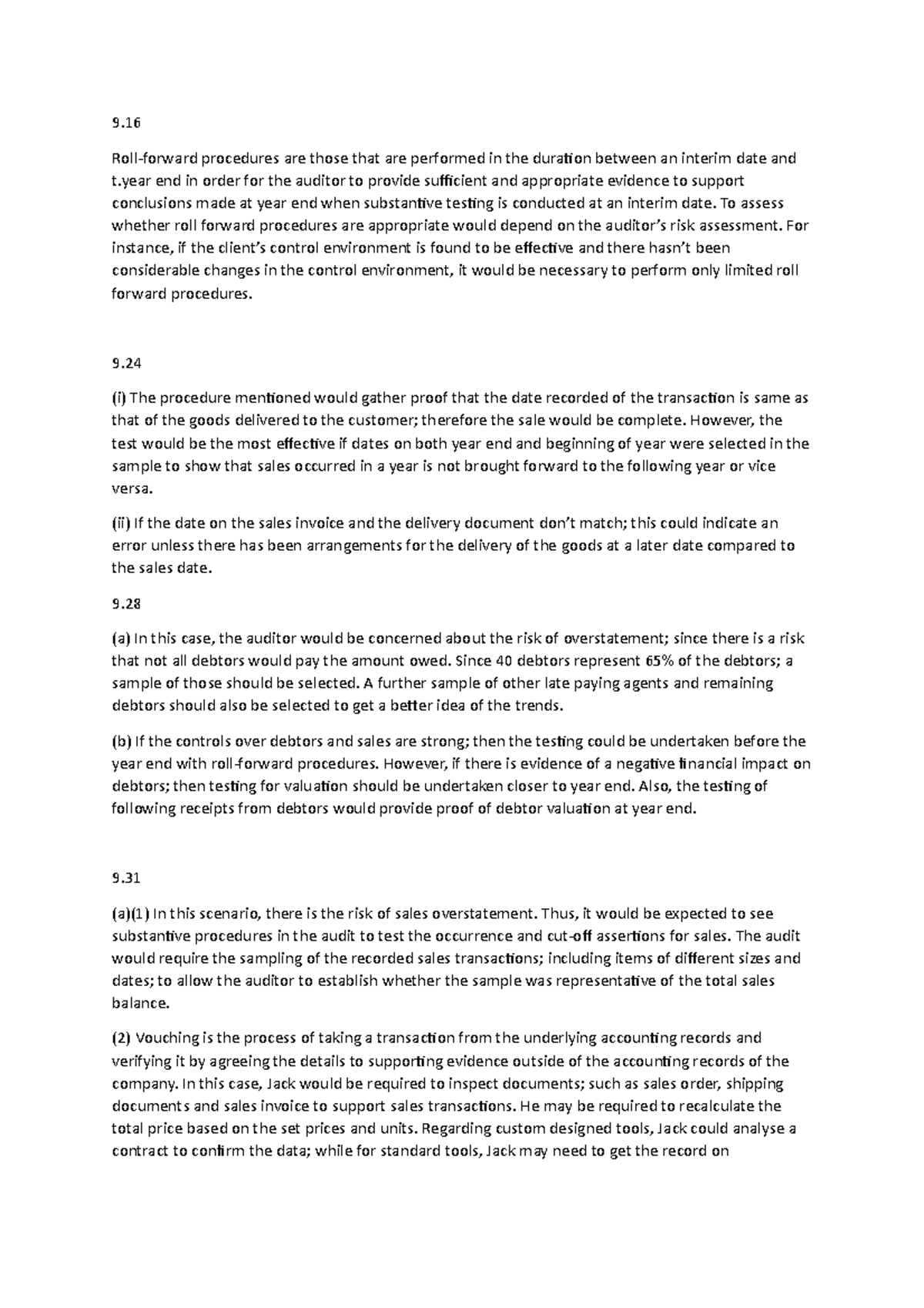 Answers ch09 audit 9. Rollforward procedures are those that are