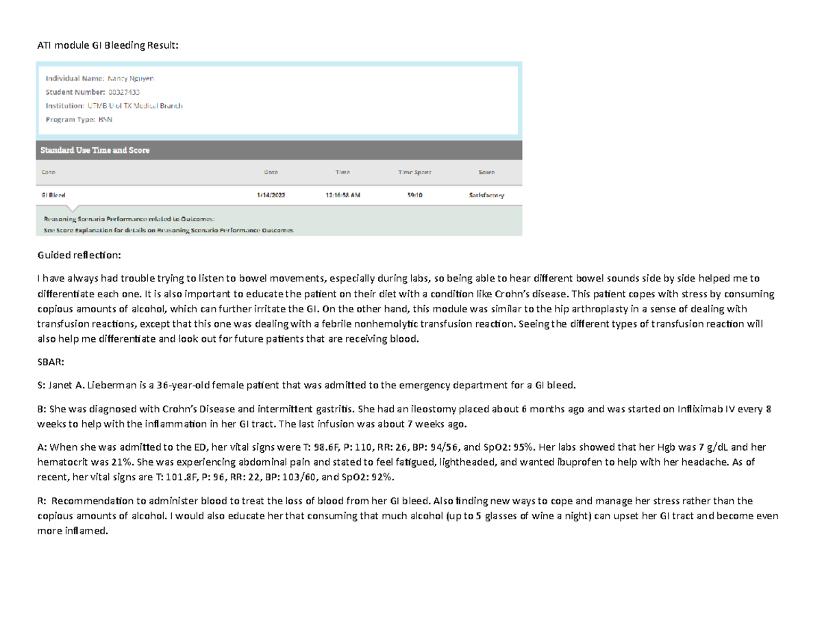 VSIM Skyler Hansen And ATI - ATI Module GI Bleeding Result: Guided ...