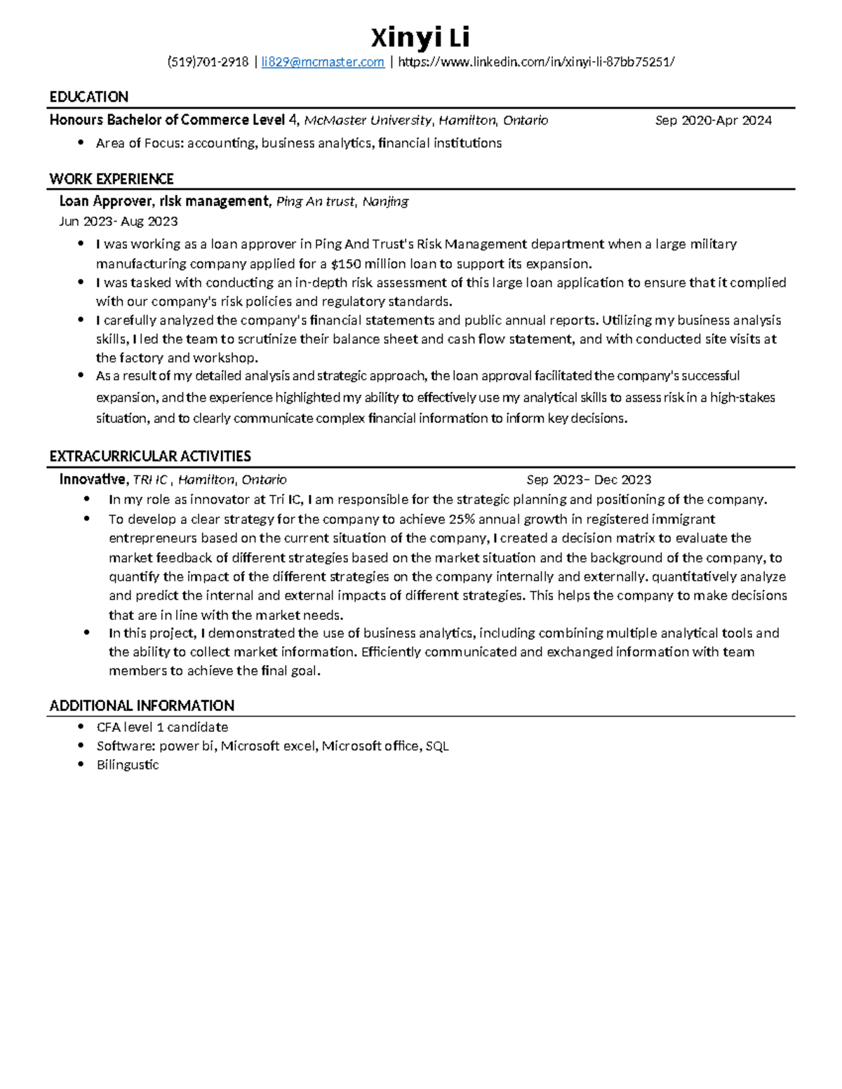 Resume Template - Xinyi Li (519)701-2918 | li829@mcmaster | linkedin/in ...