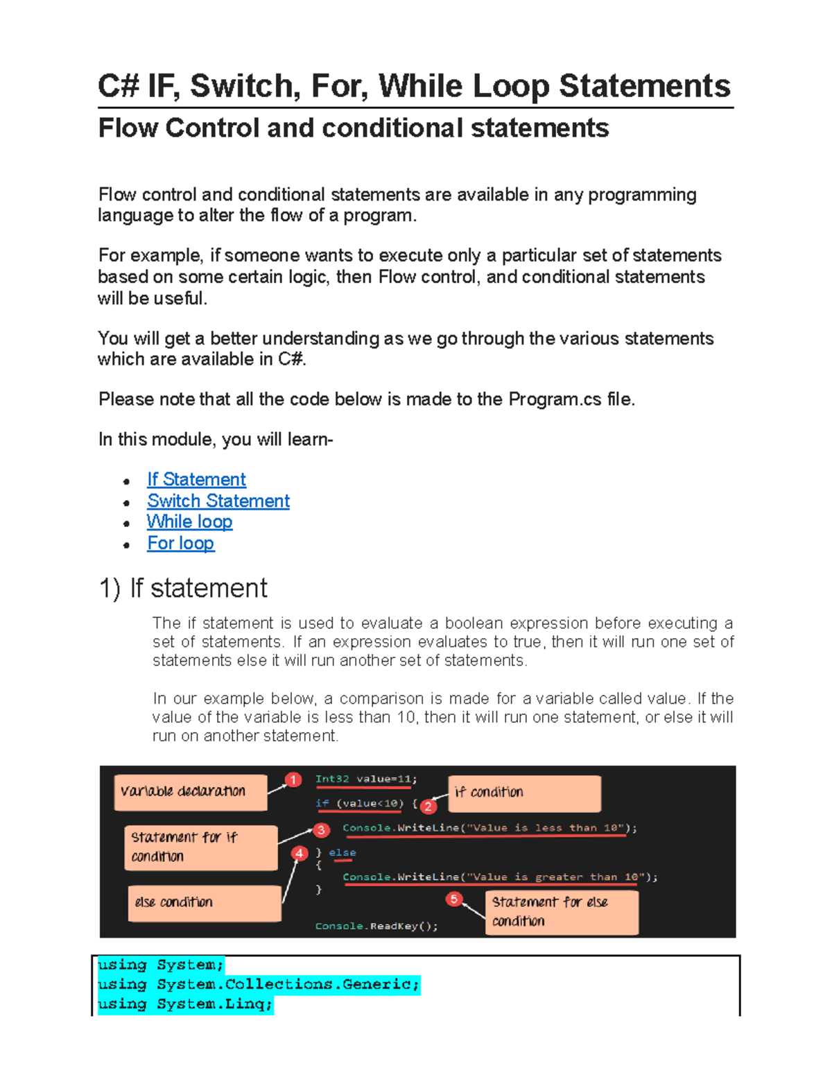 C# IF, Switch, For, While Loop Statement - For example, if someone ...