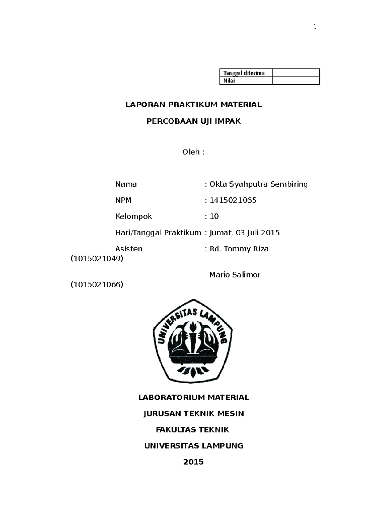 Laporan Praktikum Material Uji Impact - Tanggal Diterima Nilai LAPORAN ...