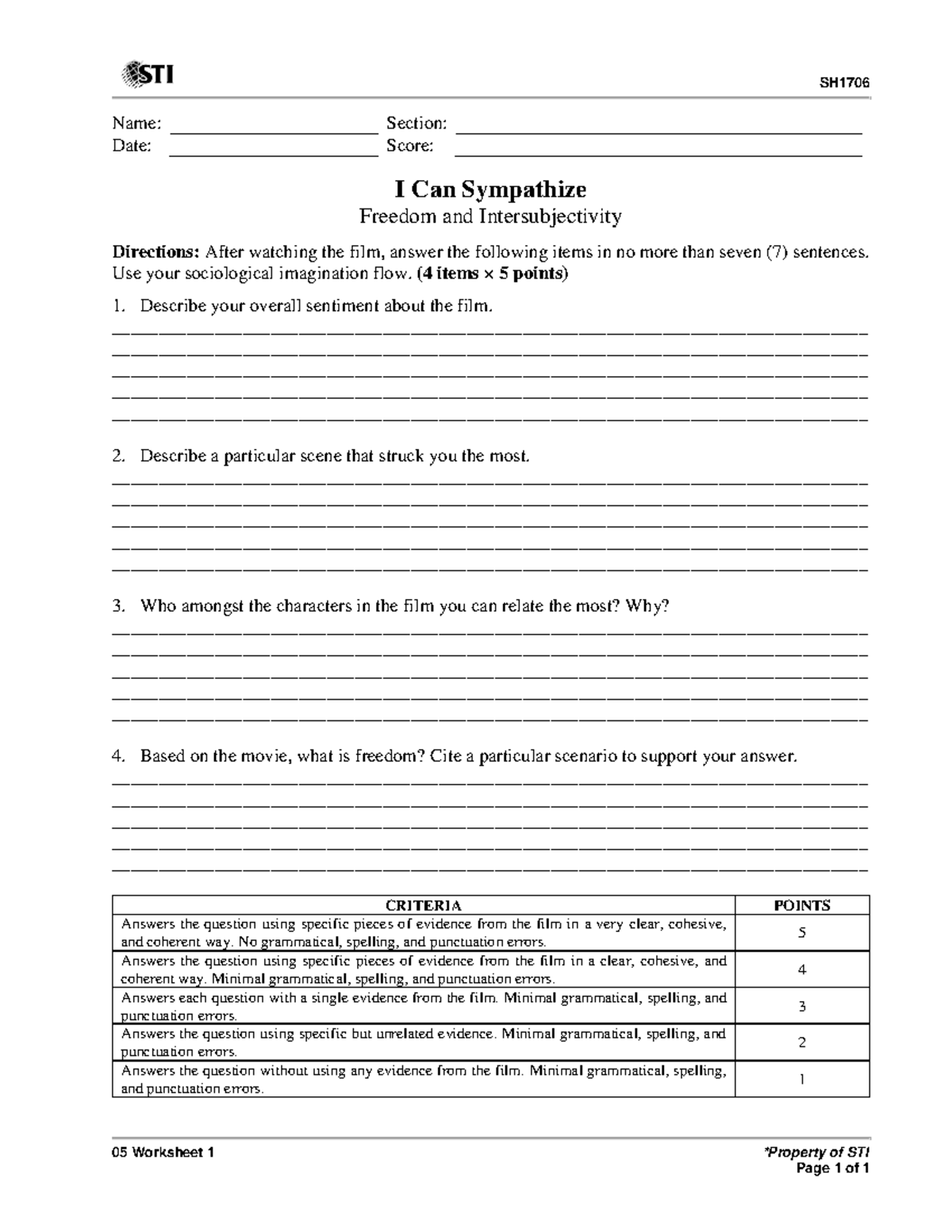 SH1706 - Introduction to the Philo 05 Worksheet 1 - SH 05 Worksheet 1 ...