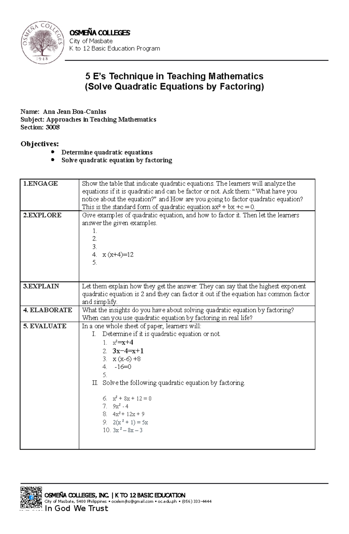 Activity 1 - Additional information - OSMEÑA COLLEGES City of Masbate K ...