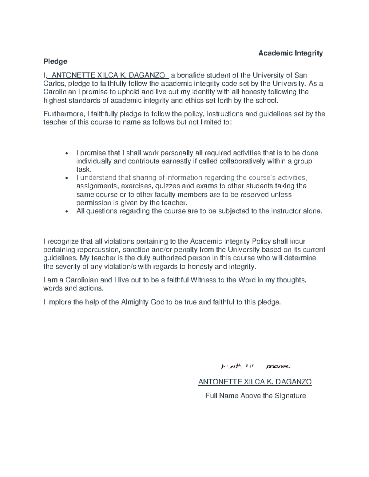 EDM Daganzo - EDM - Academic Integrity Pledge I, ANTONETTE XILCA K ...