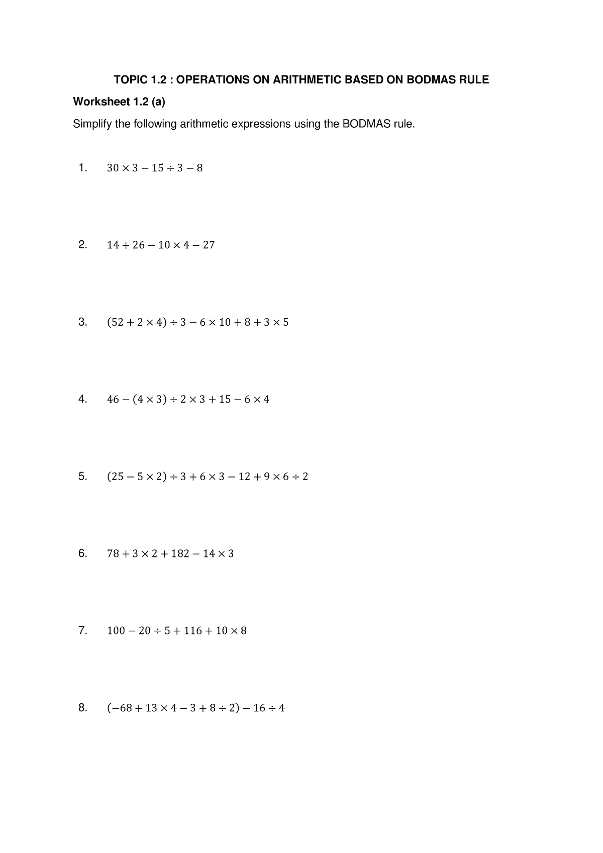 Worksheet 1 - ,,,, - TOPIC 1 : OPERATIONS ON ARITHMETIC BASED ON BODMAS ...