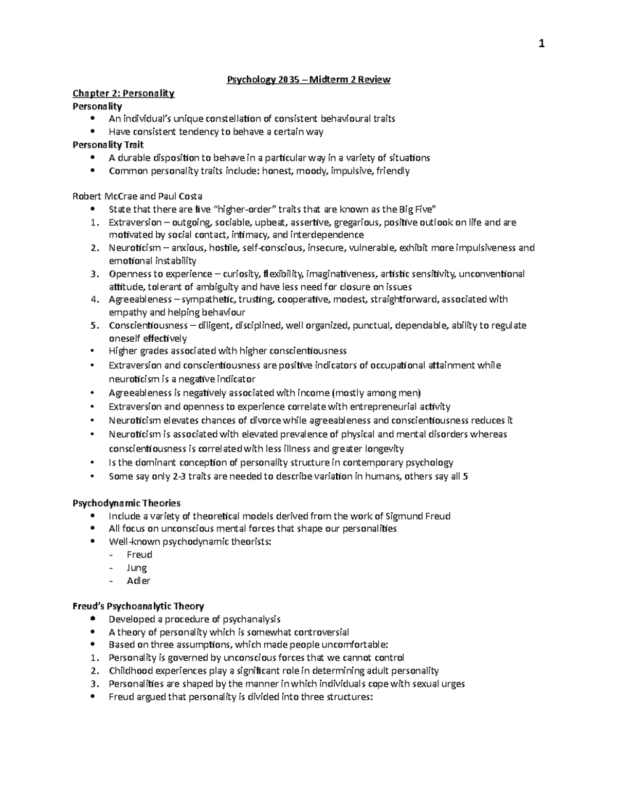 Midterm 2 Review - 1 Psychology 2035 Midterm 2 Review Chapter 2 ...