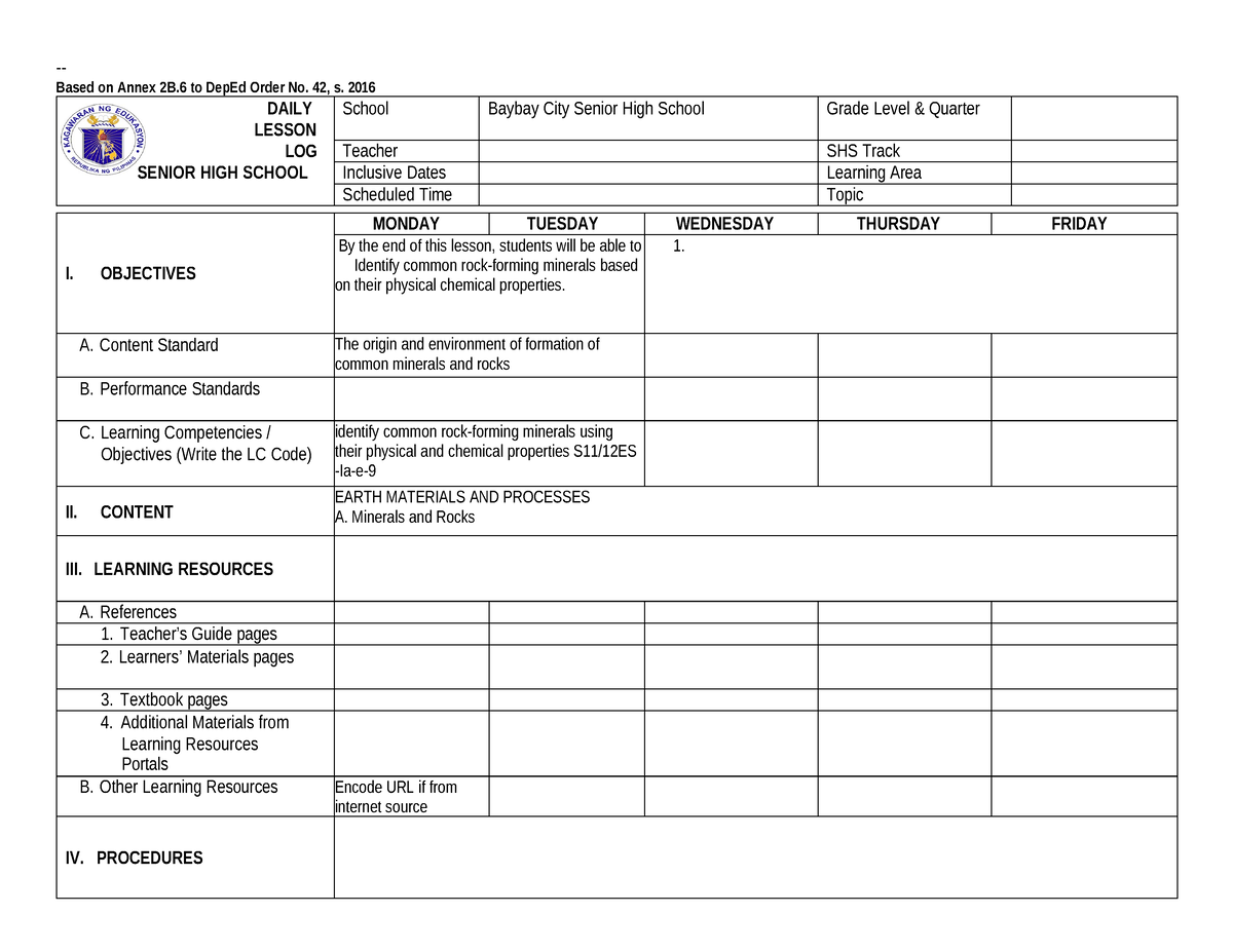 Dll Template Dll Based On Annex 2b To Deped Order No 42 S 2016 Daily Lesson Log Senior 0916